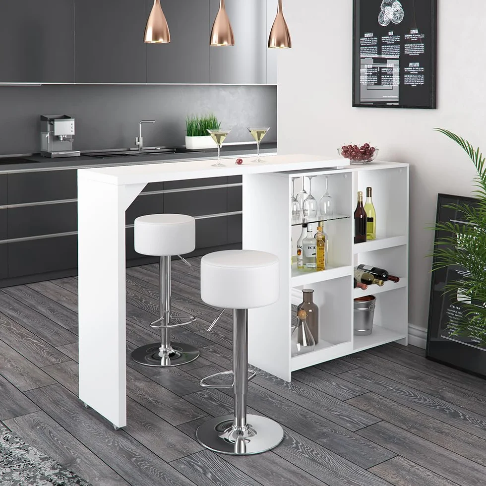 Vicco Set de Mesa de Bar Vega, Blanco, 138 x 39 cm con 2 taburetes de Bar, Plegable con estantes Abiertos para Almacenamiento