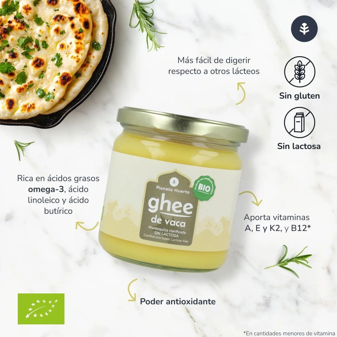Ghee mantequilla clarificada ecológica 500 g Apta para dietas keto y paleo Sin lactosa ni gluten