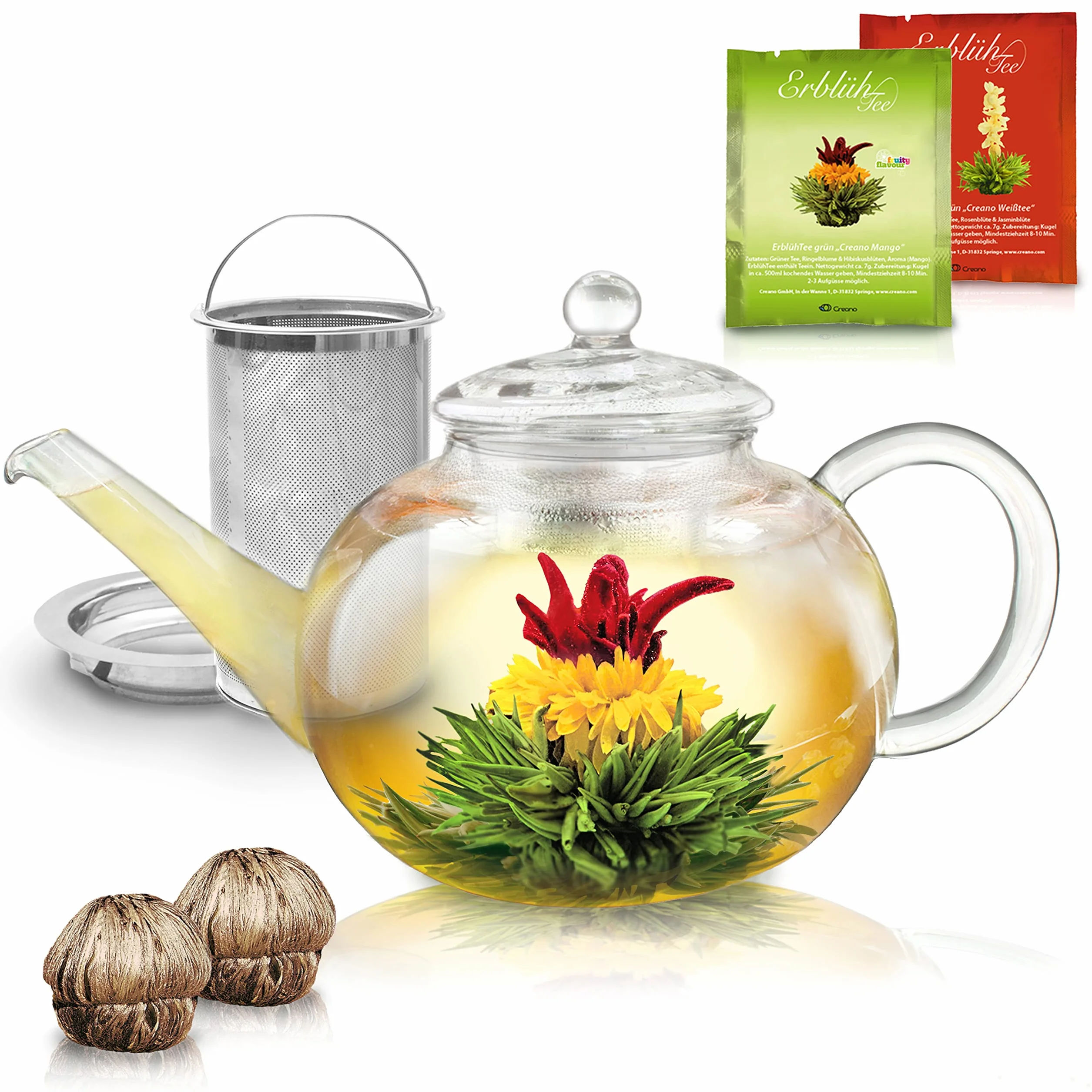 Creano Set de Regalo Tetera de Vidrio 1,2L con 2 Flores de Té – Incluye Filtro de Acero Inoxidable Extraíble