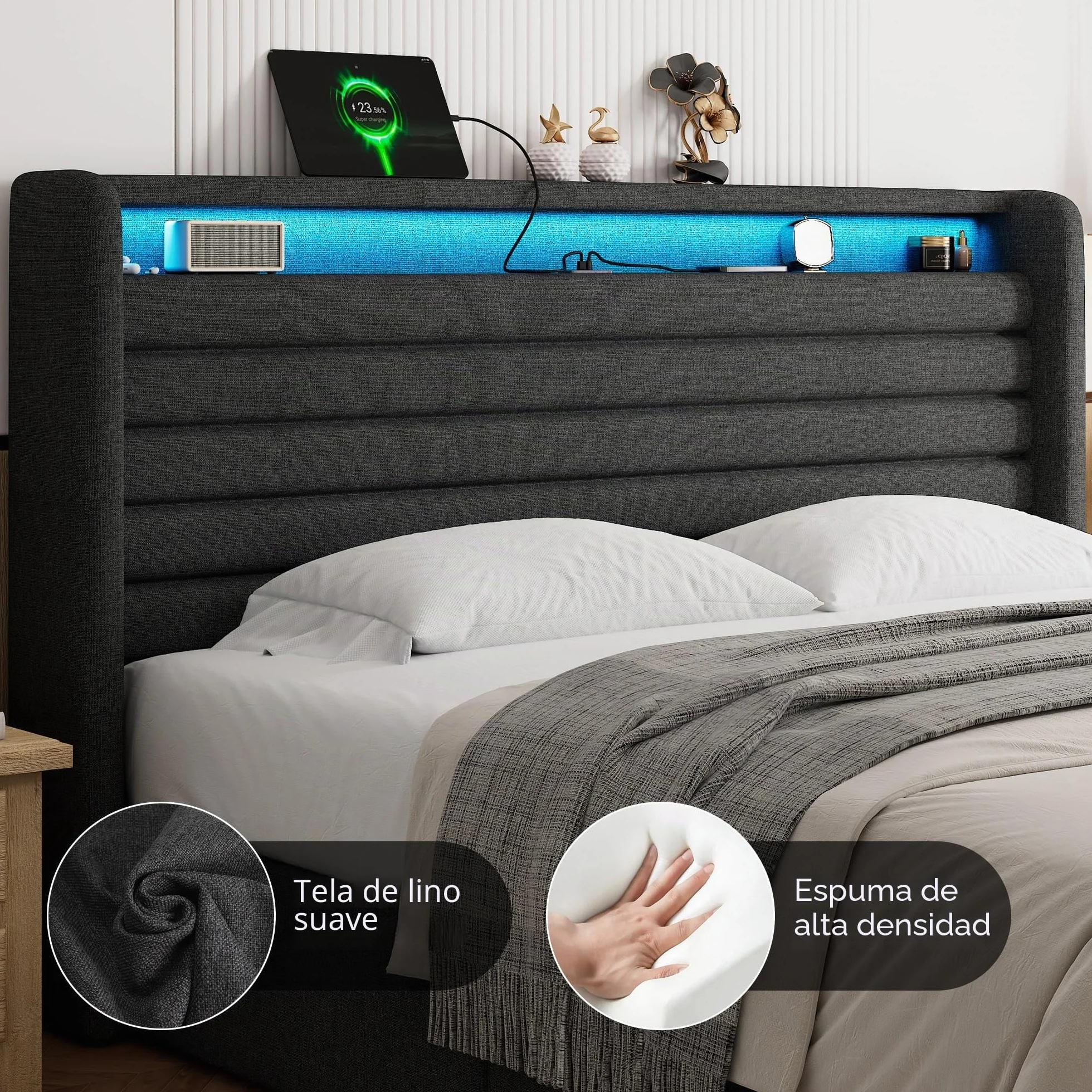FEONASE Cama 160x200 cm con Almacenamiento, Tapizada, LED y Carga, Cabecero Hidráulico de Lino