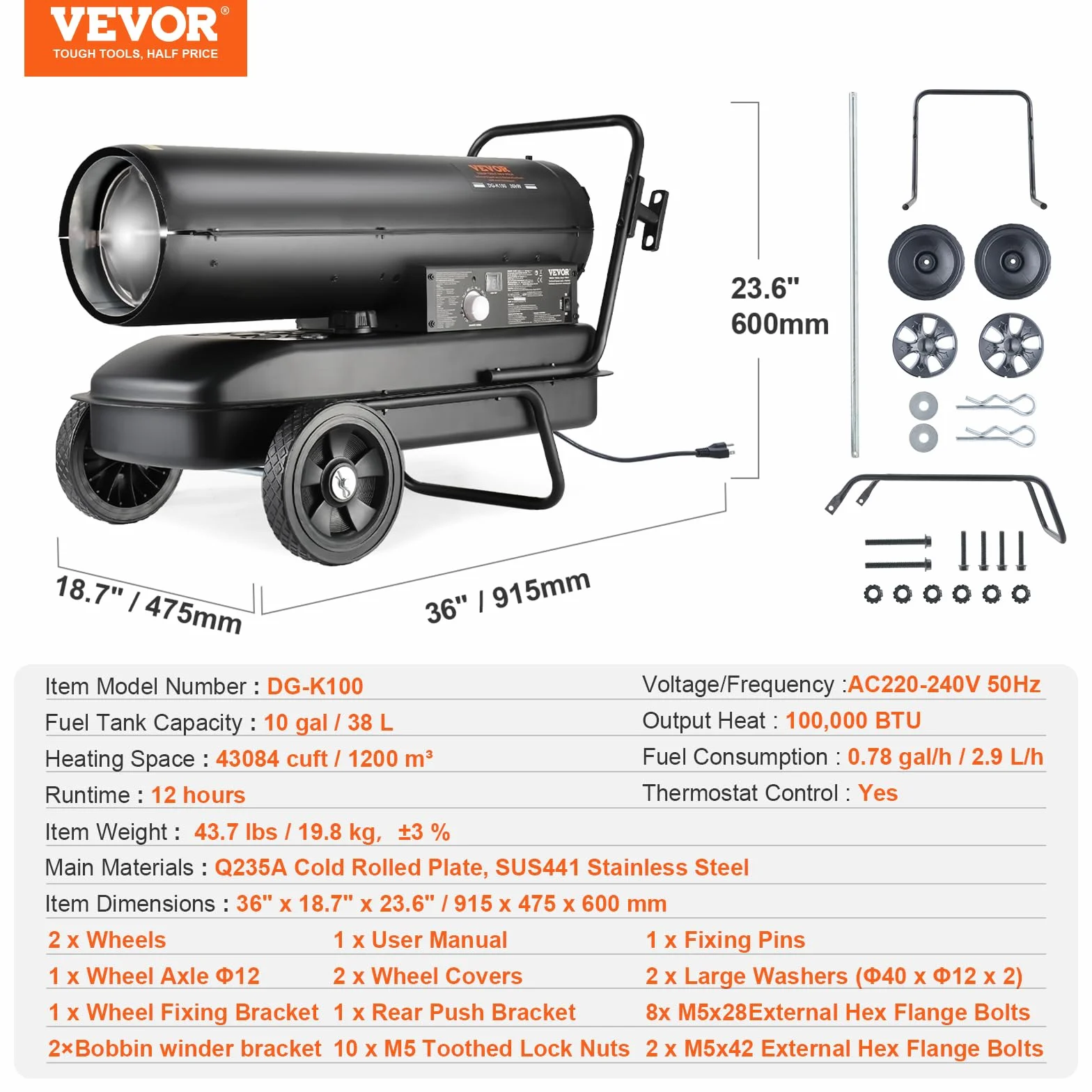 VEVOR Calentador de Aire Forzado a Queroseno/Diésel, 100 000 BTU, Portátil con Control de Termostato, Tanque de 38 L, para el Hogar, el Lugar de Trabajo, la Industria, Negro, 915 x 475 x 600 mm