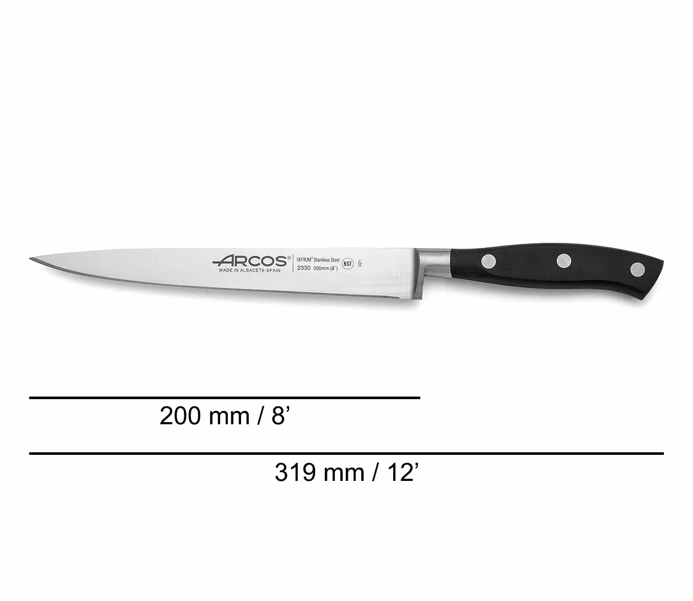 Arcos Cuchillo para filetear con Hoja Acero Inoxidable Nitrum 200 mm. Cuchillo afilado para filetear carne y pescado. Mango ergonómico polioximetileno POM. Serie Riviera. Color negro.