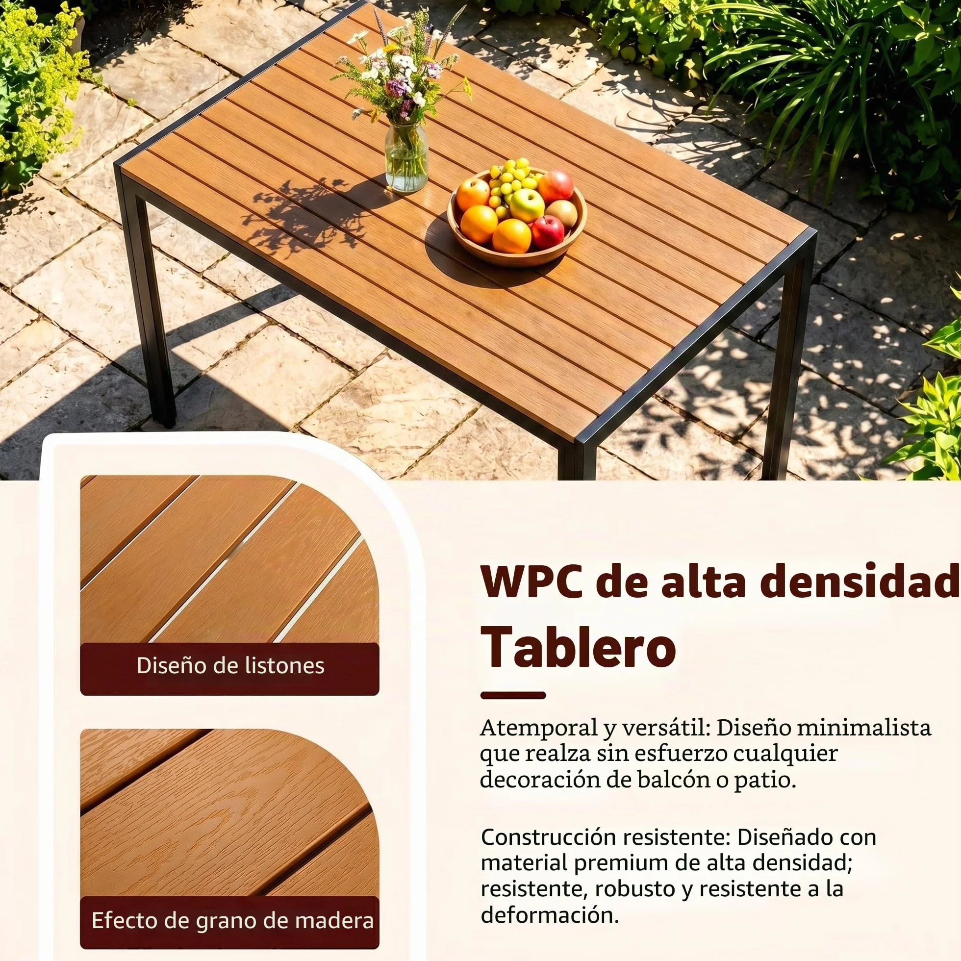 LIFERUN Mesa de Jardín Moderna de WPC 110 x 70 cm, Mesa de Comedor Exterior para 4-6 Personas, Mesa de Balcón de Aluminio, Diseño de Rayas Efecto Madera,Marrón Teca