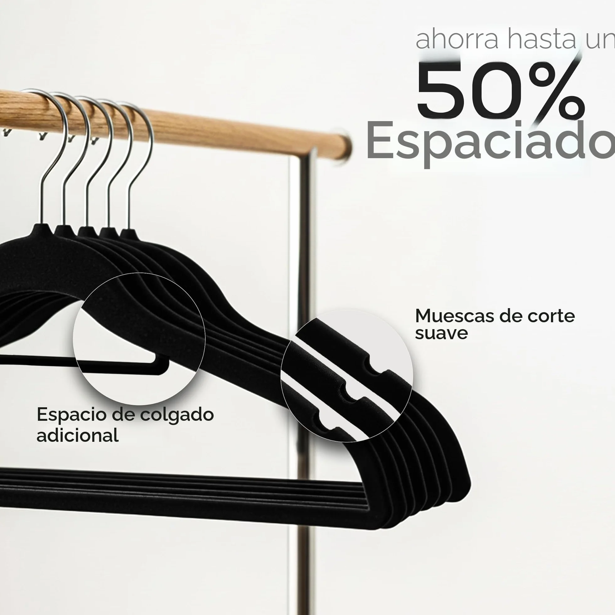 Perchas de Terciopelo Utopia Home con Tie Bar - Antideslizantes - Negro (Paquete de 50)