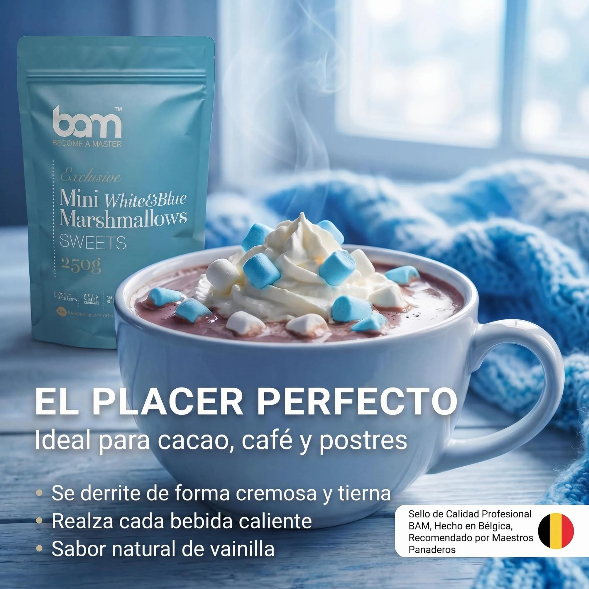 BAM Mini Malvaviscos 250 g Marshmallow Decoración Pasteles Blanco Azul