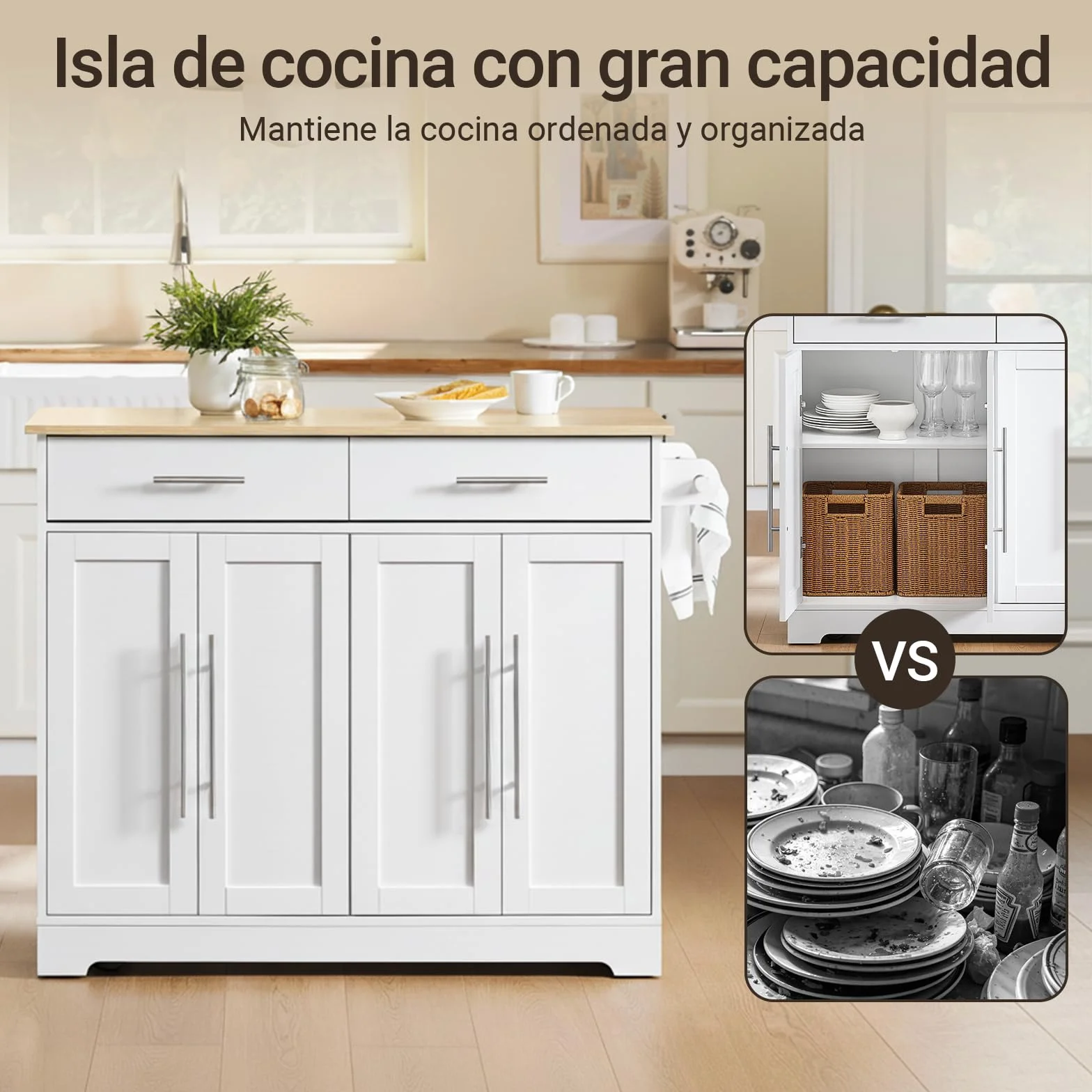 SoBuy Isla Cocina con Ruedas Carro de Cocina con Encimera Extensible Mueble Auxiliar de Cocina con 2 Cajones y Estantes Ajustables, Ideal para Cocinas Pequeñas Blanco 113 × 44–69 × 91 cm FKW129-WN