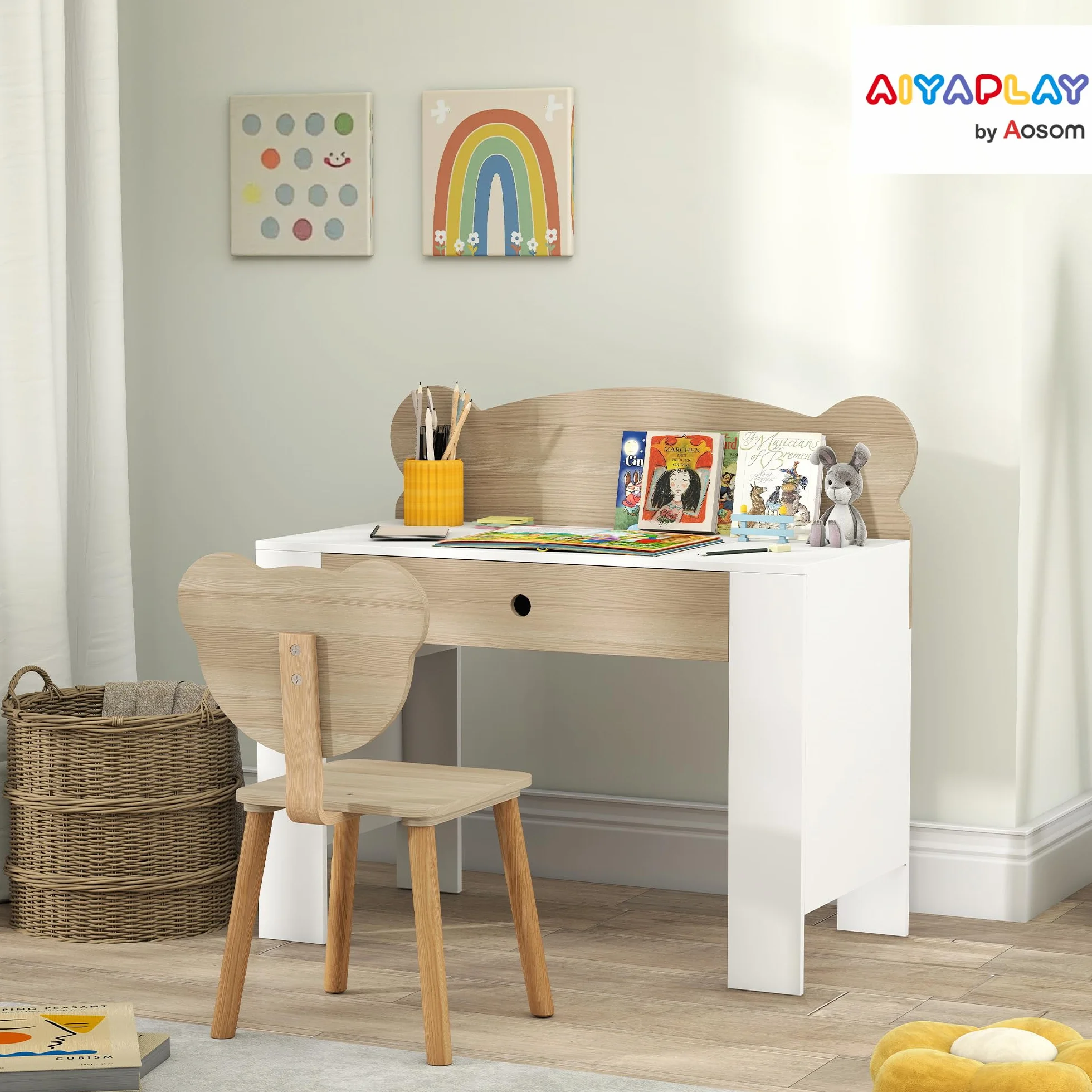 AIYAPLAY Escritorio Infantil con Silla Osito Mesa Niños Cajón Estudiar Dibujar Leer Pupitre Estudio Dormitorio Sala Natural