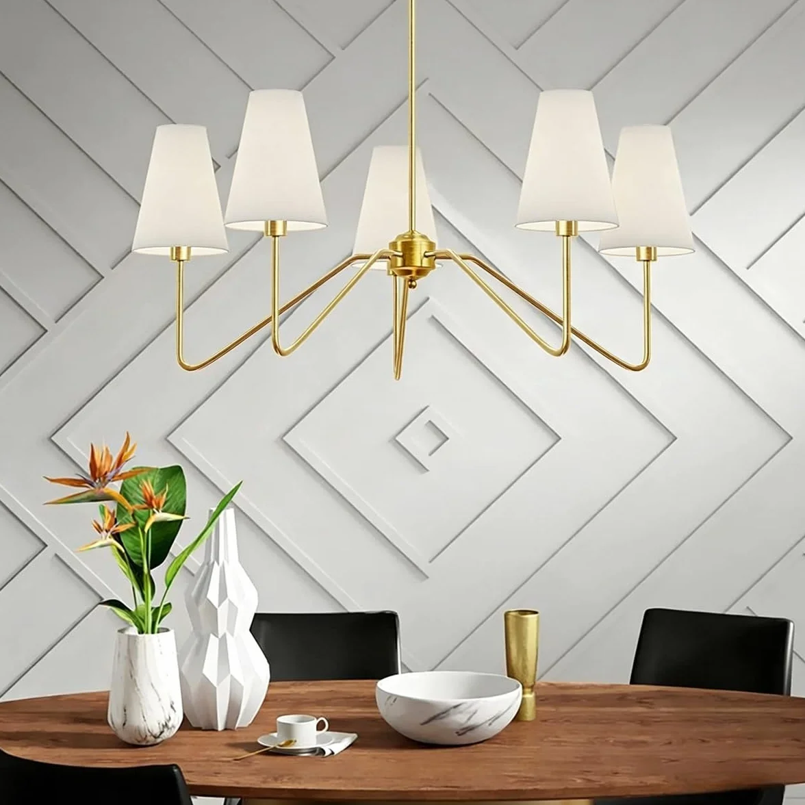 Moderna lámpara de salón lineal suspensión luminaria para isla de cocina con pantalla de tela blanca, suspensión regulable en altura para sala de estar dormitorio pasillo(dorado 5 heads)