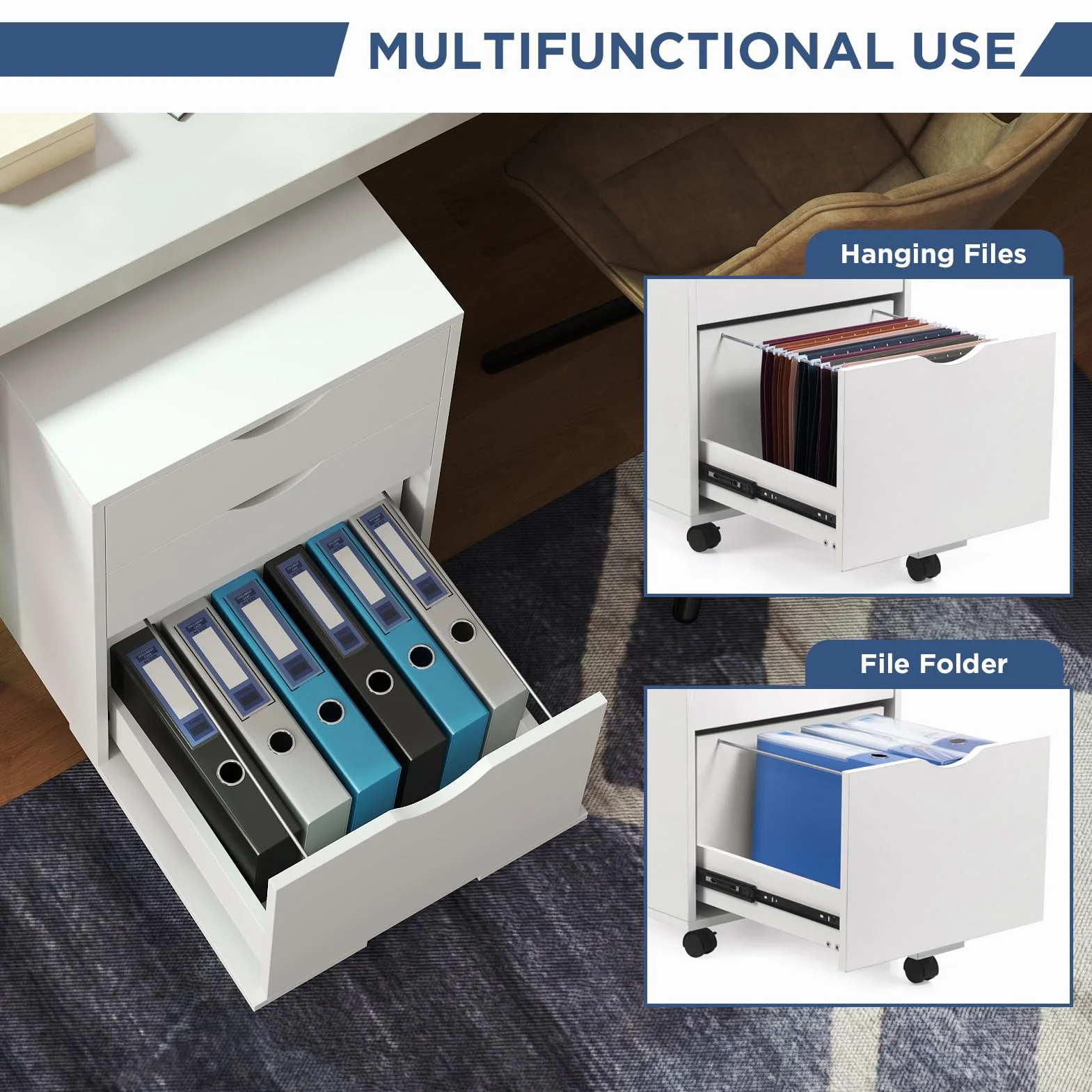 HollyHOME Armario de 3 cajones de madera con ruedas para colgar documentos, color blanco