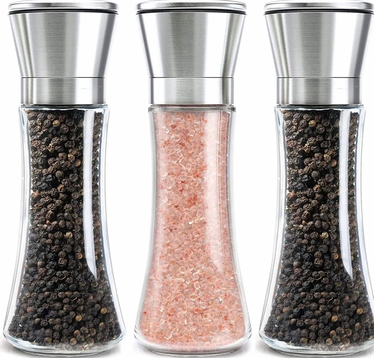 Juego de 3 Molinillos de Sal y Pimienta, Cierre de Acero Inoxidable y Molino de Cerámica con Grosor Ajustable Pimentero o Especiero, Molinos Manuales, 200ML