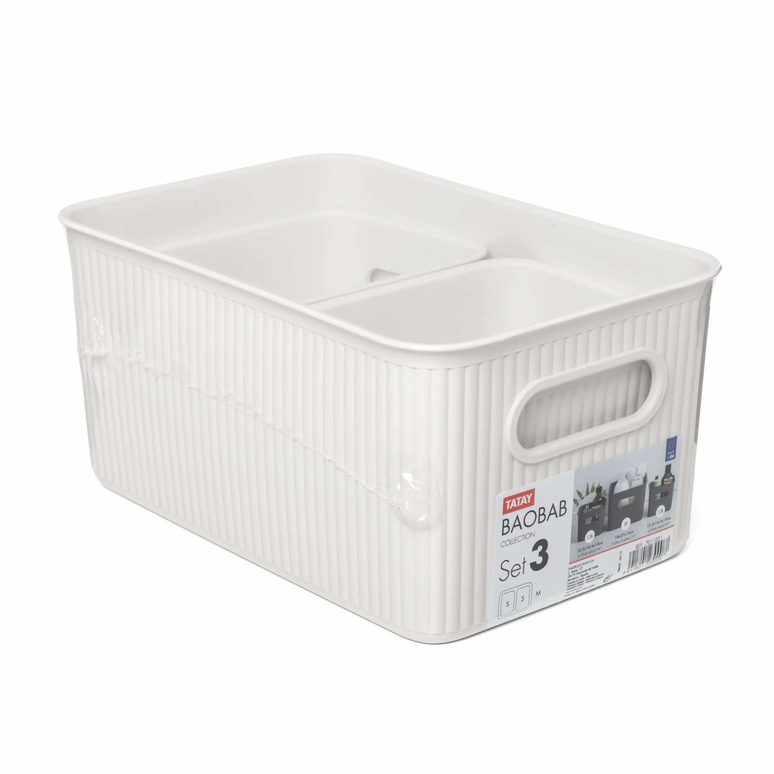 Tatay Cestas Almacenaje Plastico Baobab Set 3 Cajas Organizadoras Asas Integradas Plástico Reciclado Libre de BPA 18,7x27,8x13,3 cm Blanco