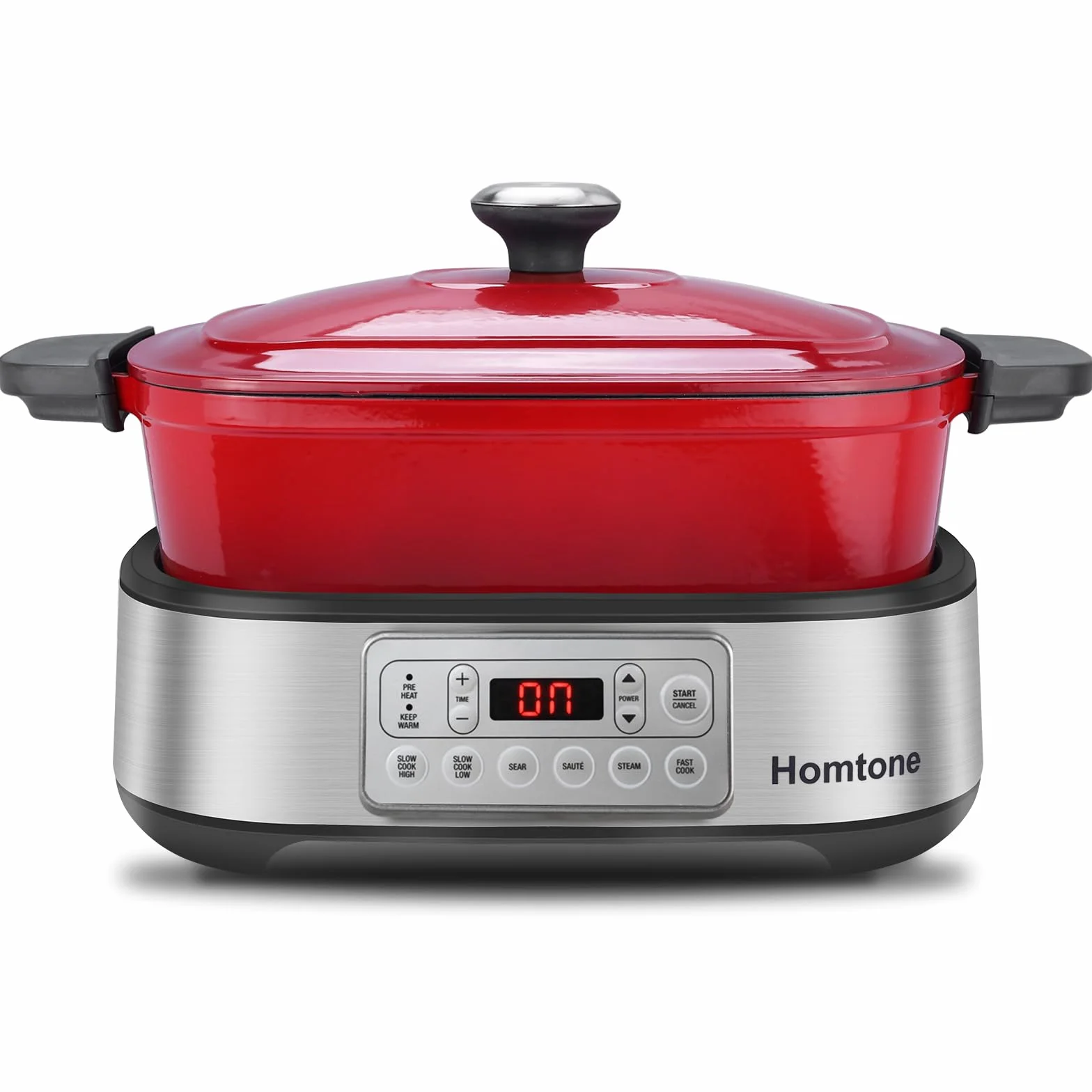 Homtone Cacerola 6 en 1 Slow Cooker 5,5L Programable Esmaltada Extraíble Revestimiento Cerámica Cocción Lenta Vapor Rojo