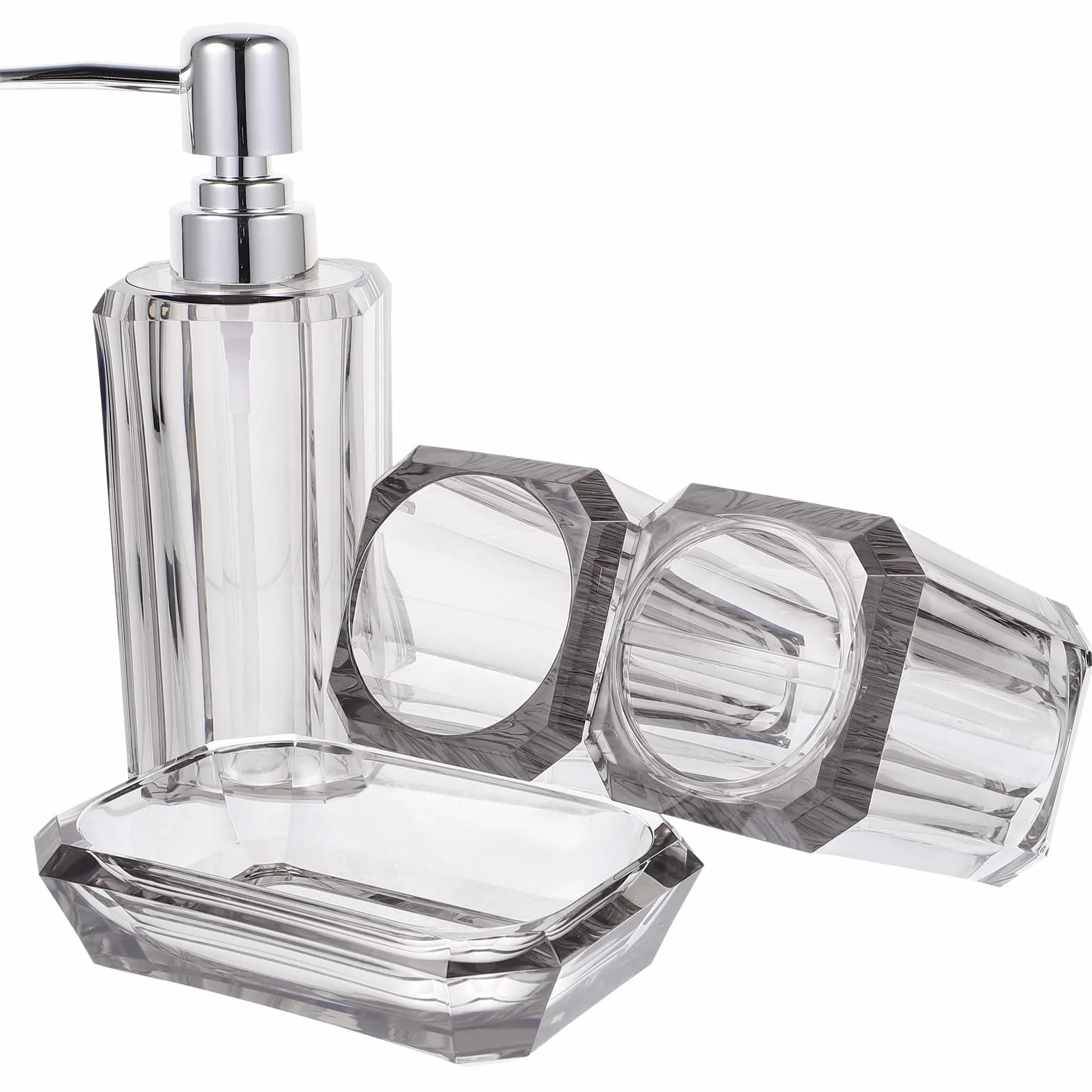 HOMSFOU Juego de Accesorios de Baño 4 Piezas de Acrílico Transparente, Dispensador Manual de Loción, Vaso para Cepillo de Dientes, Jabonera y Bandeja en Gris, para Uso Doméstico y