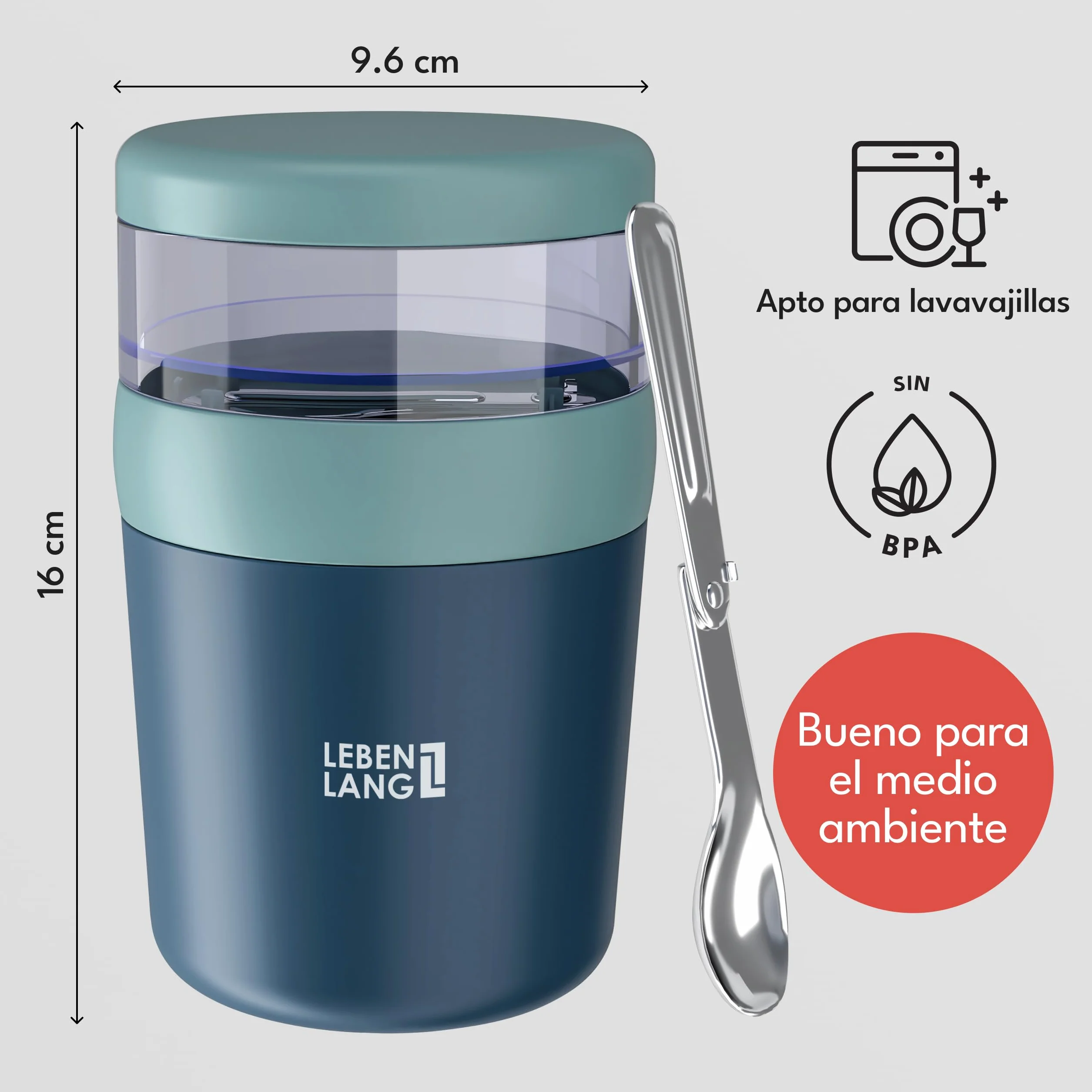 LEBENLANG Vaso Yogures & cereales para llevar con cuchara - 650ml & Pared Interior Aislante Inox I Overnight Oats Jar Tarro Cereales Tarros Yogurt Con Tapa Porta Yogur Vaso Smoothie Cereal Cup