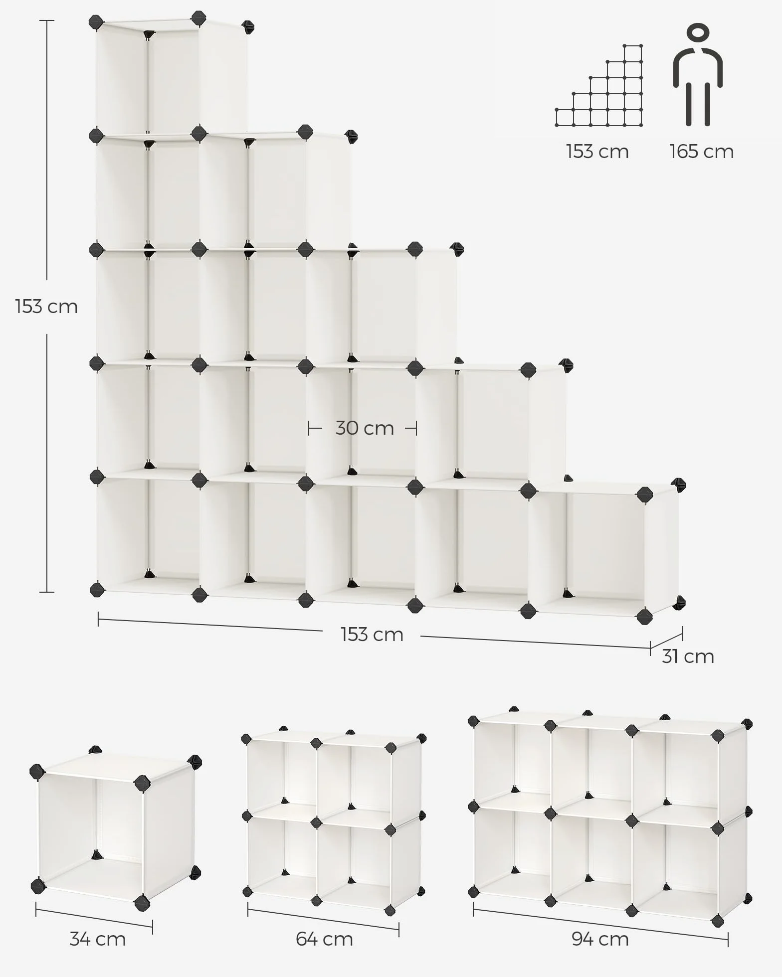 SONGMICS Armario Modular, con 16 Cubos Apilables, Zapatero Modular, Estante de Plástico PP, para Dormitorio, Oficina, 31 x 123 x 123 cm, Blanco Crema LPC442M01