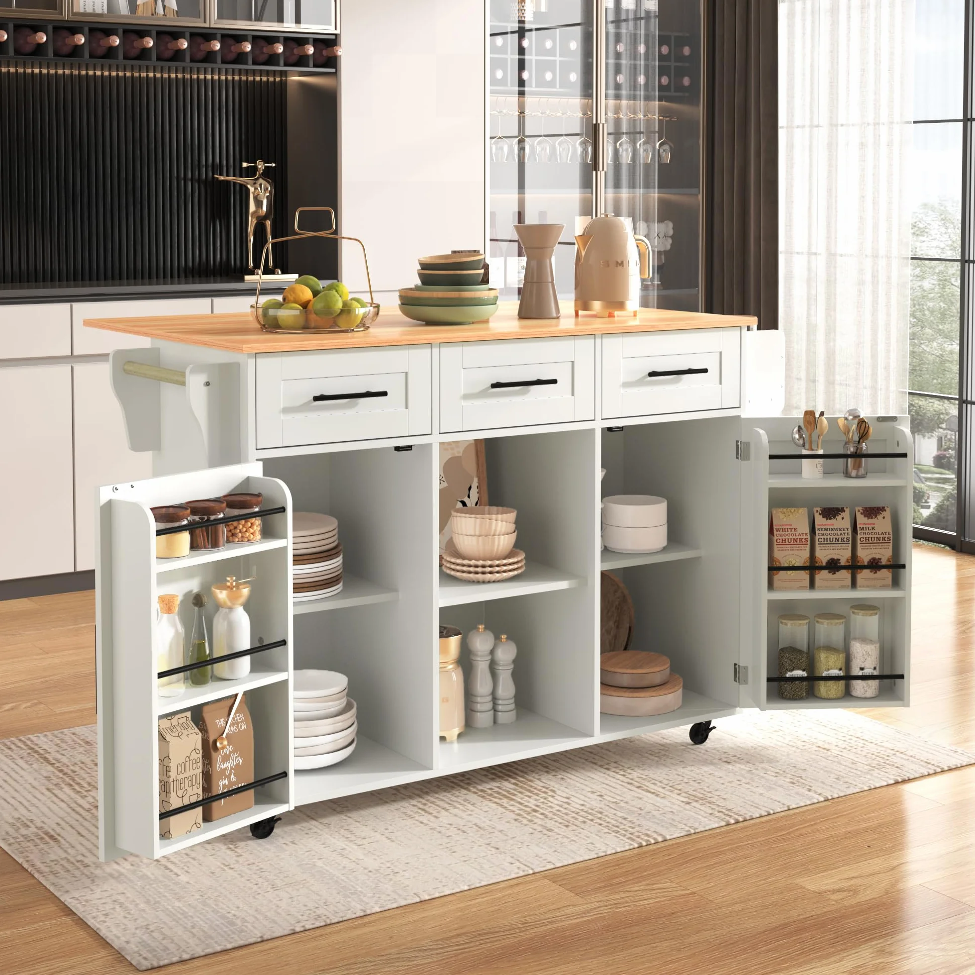 LAKFEW Isla Cocina con 5 Ruedas y Mesa Plegable, Aparador Cocina con 2 Puertas y 3 Cajones, Mueble Auxiliar de Cocina Isla de Cocina con Estantes Ajustables y Toallero, 139x46(71) x91.5 cm, Blanco