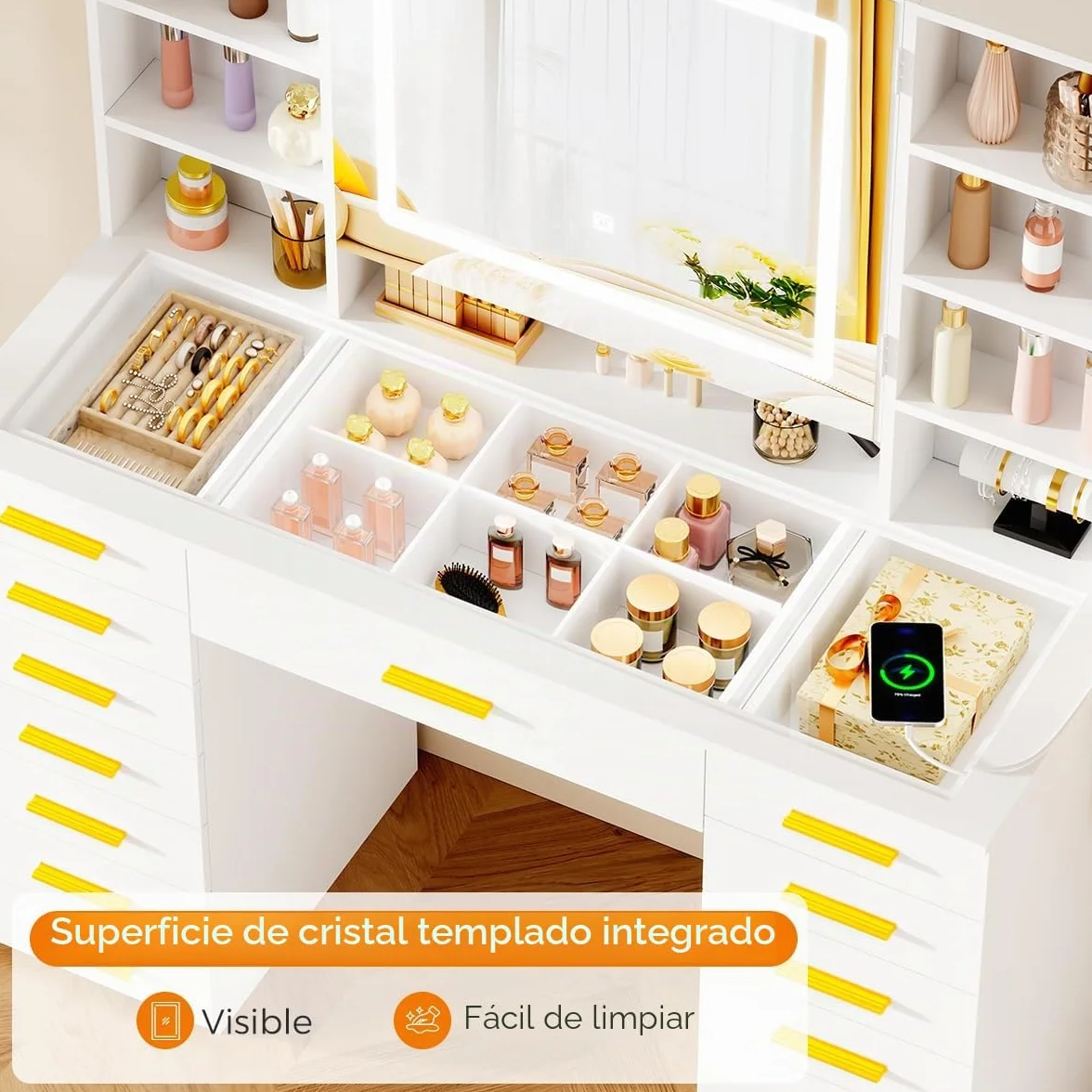 ANWBROAD Grande Tocador con Espejo y Luces LED, Brillo Ajustable,Tapa de Vidrio y Enchufes, Moderno Mesa de Maquillaje con 15 Cajones 9 Estantes Abiertos 8 Ganchos,Tocador de Maquillaje Blanco BDT25W