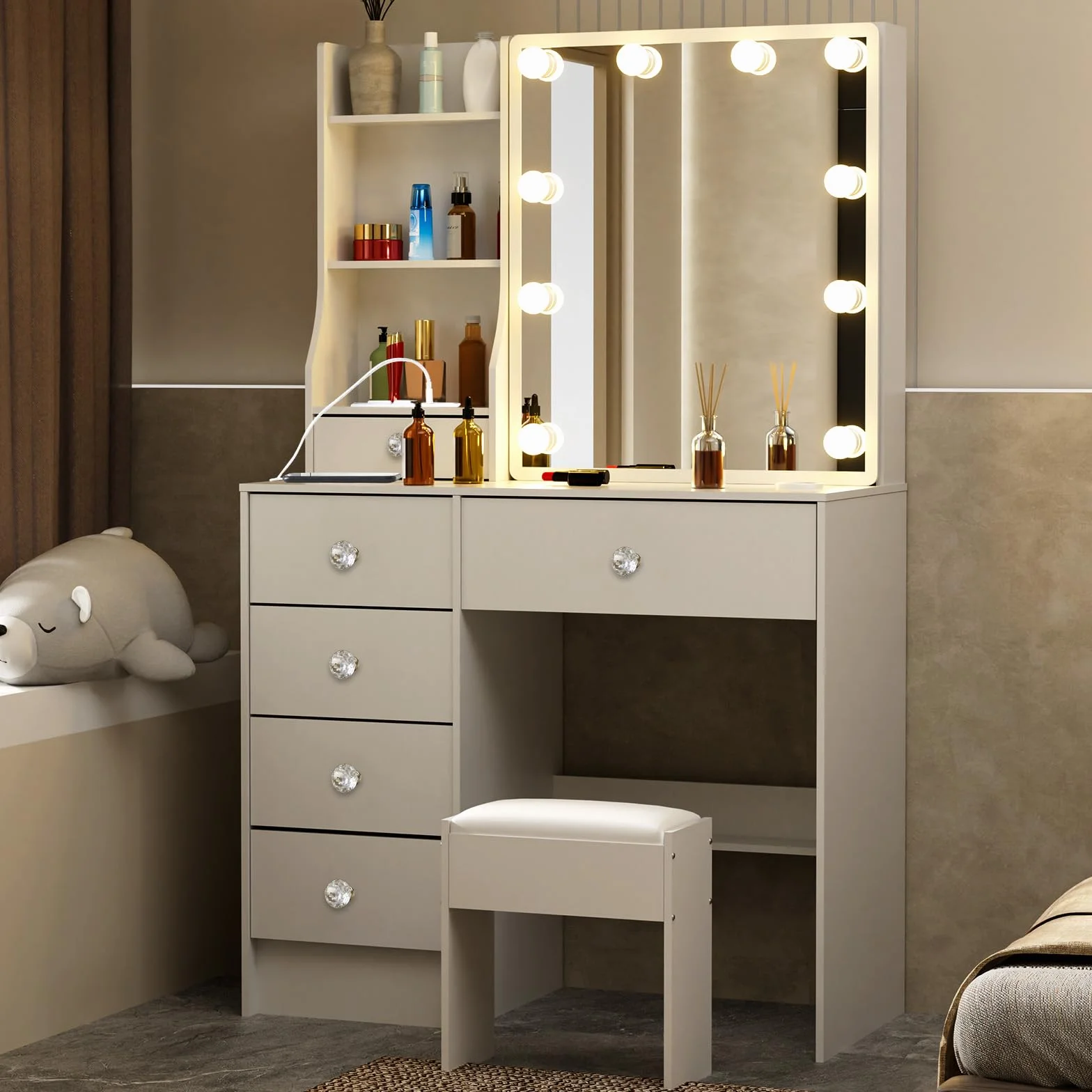 Tocador con Hollywood LED y Espejo, Mesa de Maquillaje con 5 Cajones Grandes y 1 Taburete, 3 Temperaturas de Color y Brillo Ajustable, Blanco, 131x80x36 cm