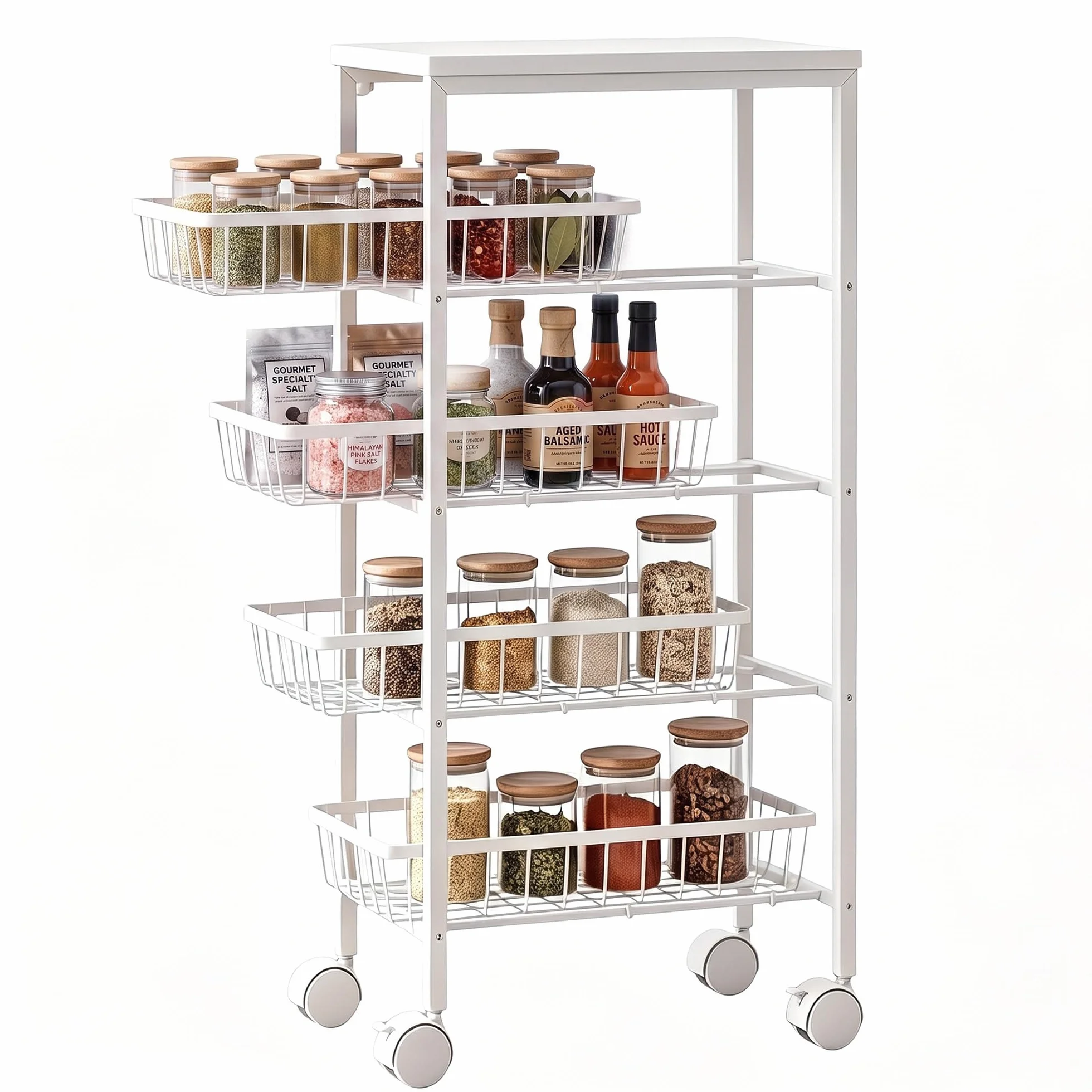HOMCOM Carrito Auxiliar con Ruedas 4 Cestas Extraíbles 15 kg Blanco | Carrito de Cocina, Marco Metálico, para Comedor, Sala de Estar, Baño, 40x24x82 cm