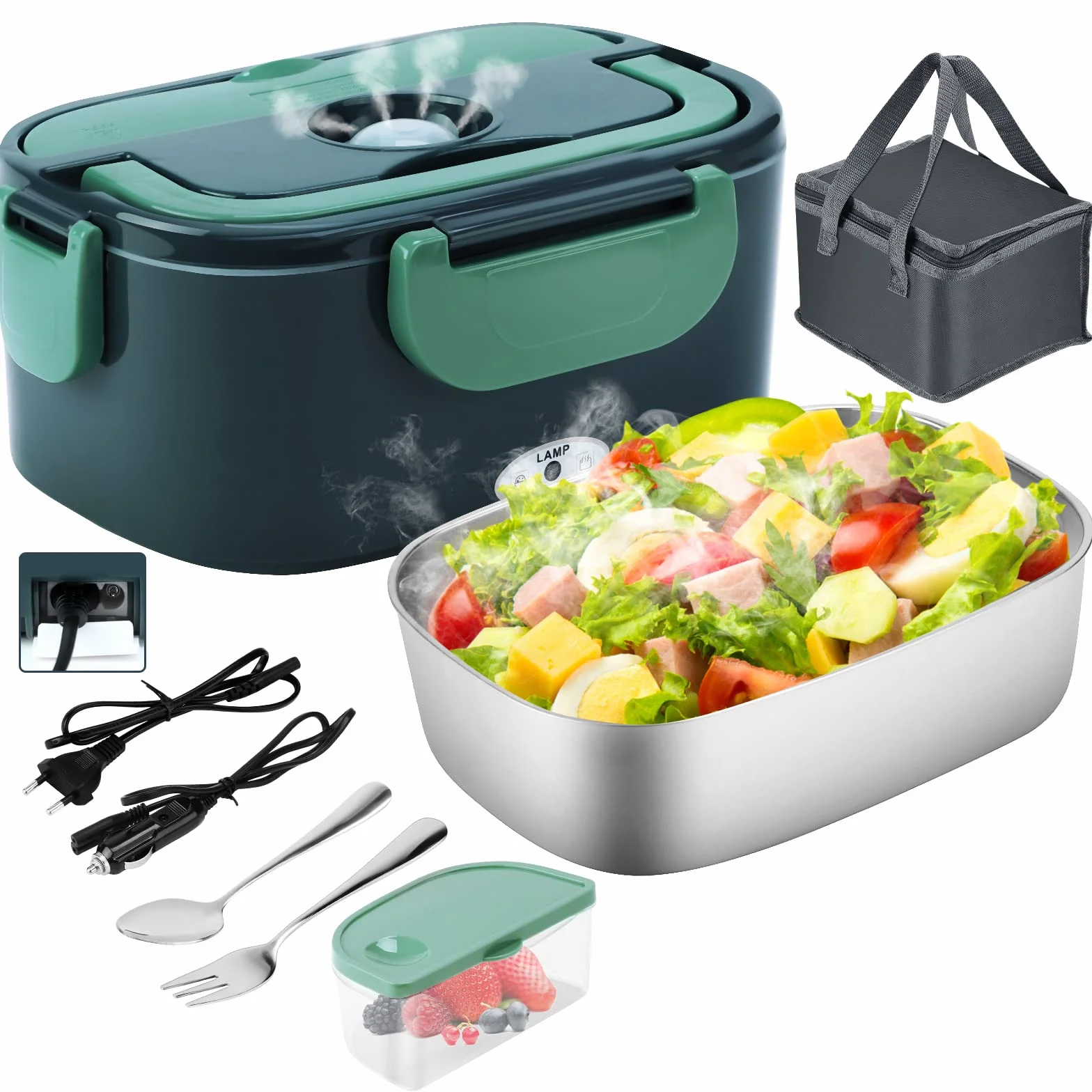 Fiambrera Eléctrica 12V/24V/220V-240V 60W 1.5L Acero Inoxidable Calentador de Comida Portátil con Termo