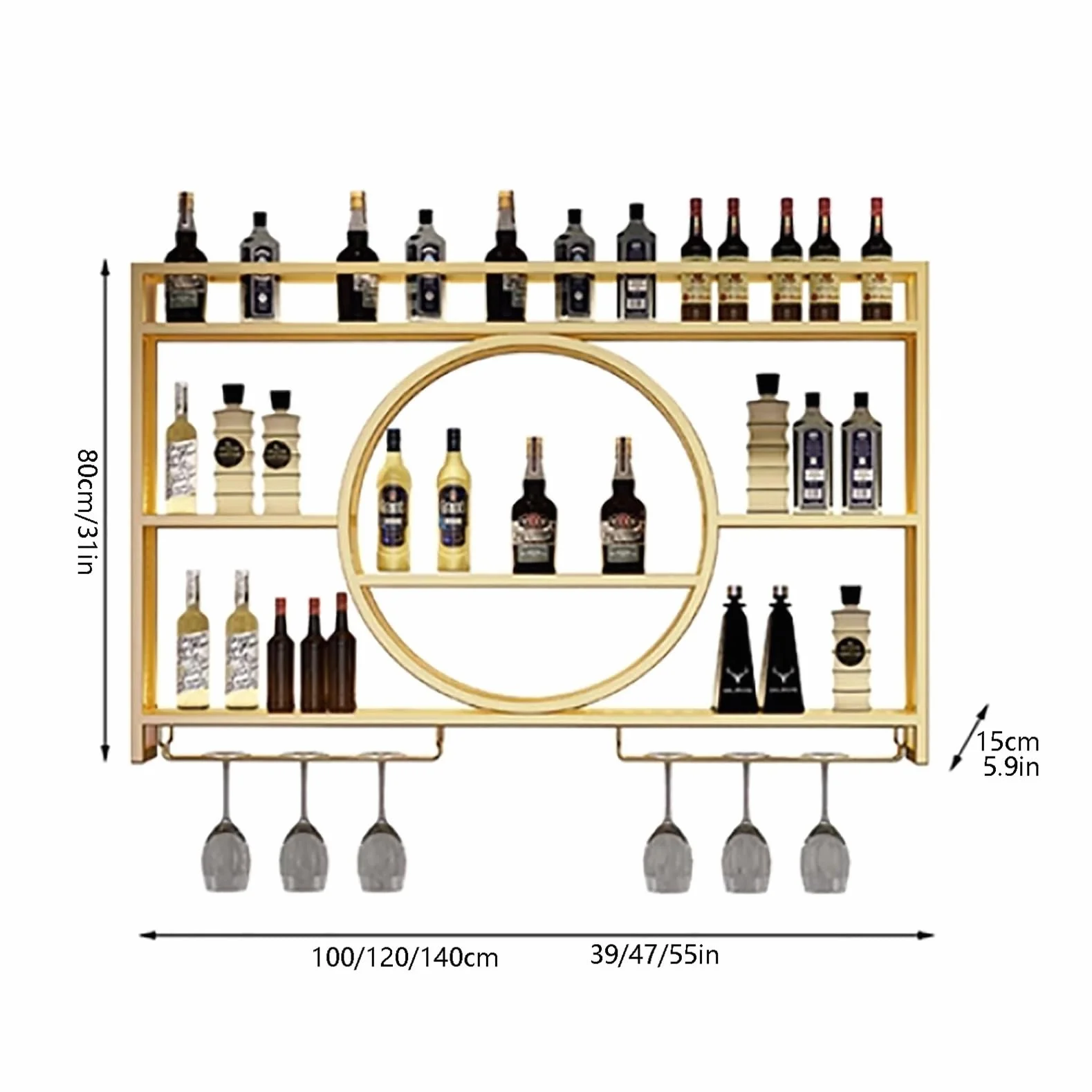 Estante de vino montado en la pared con luz , unidad de barra flotante estante de exhibición de botellas de licor, estante de almacenamiento multifuncional con soporte para copas de (100x15x80cm)