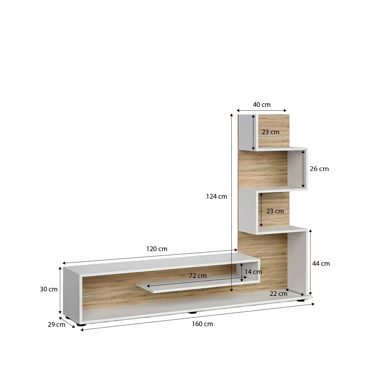duehome | Mueble de Salón, Composición Modular de TV, Modelo Moobi 160, Acabado en Blanco y Roble Canadian, Medidas: 160 cm (Largo) x 29 cm (Fondo) x 124 cm (Alto)