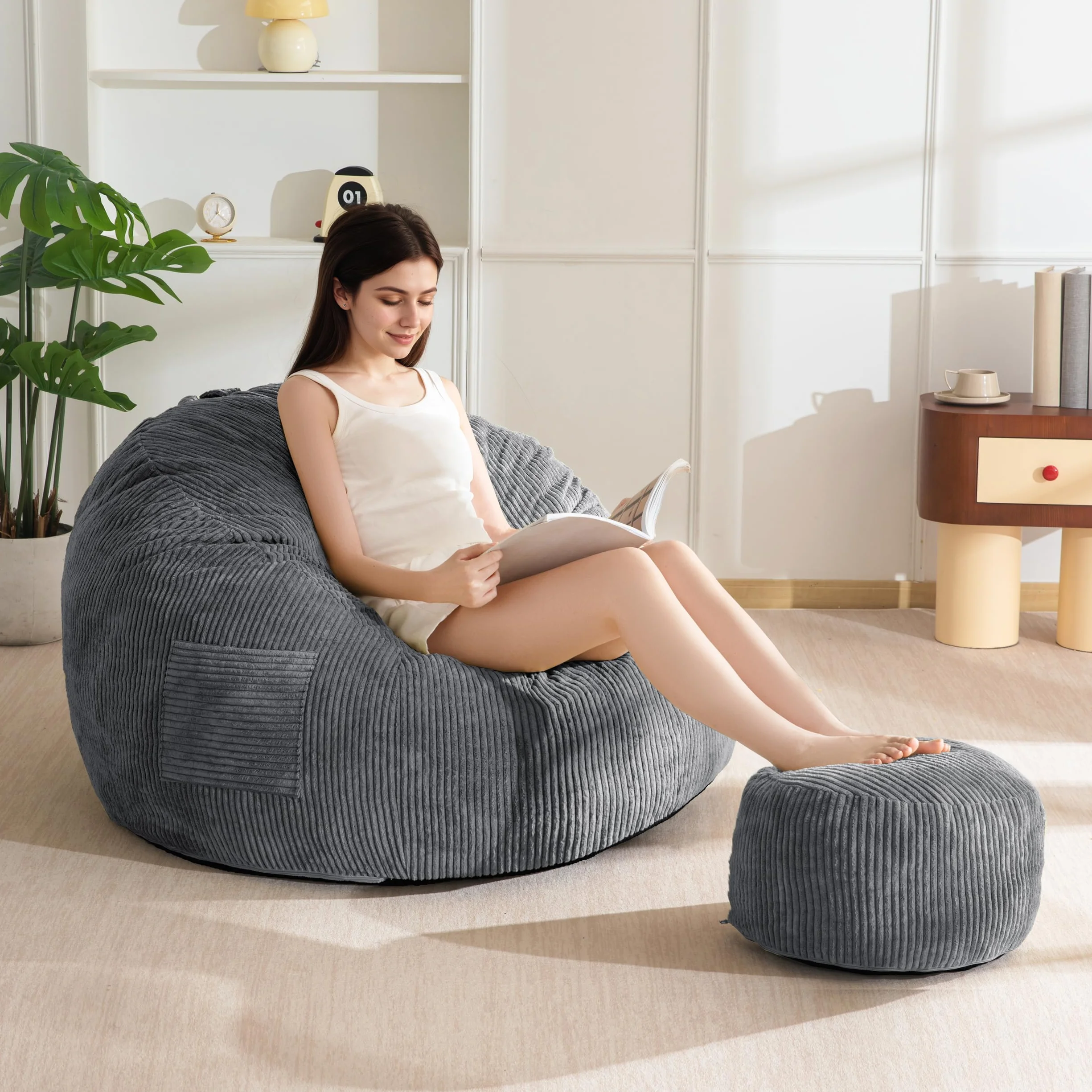 MAXYOYO Sillón Puff de Pana con Reposapiés para Adultos y Niños, Sofá Puff y Puf con Relleno de Espuma, Sillón con Asa para Sala de Estar, Dormitorio, Juegos, Lectura y Relajación
