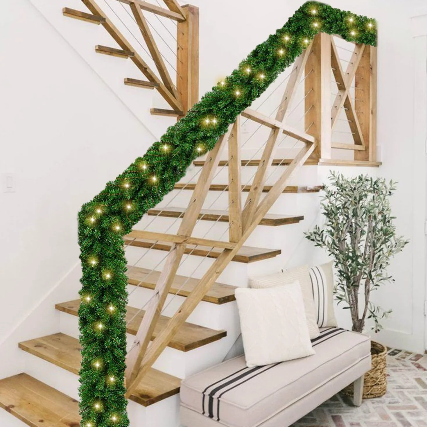 Guirnalda de Navidad Decoración con 50 LED Luces,2.7m/9 FT Guirnalda Artificial Guirnalda de Hiedra con escaleras chimeneas Puertas decoración navideña Exterior Interior (Verde)