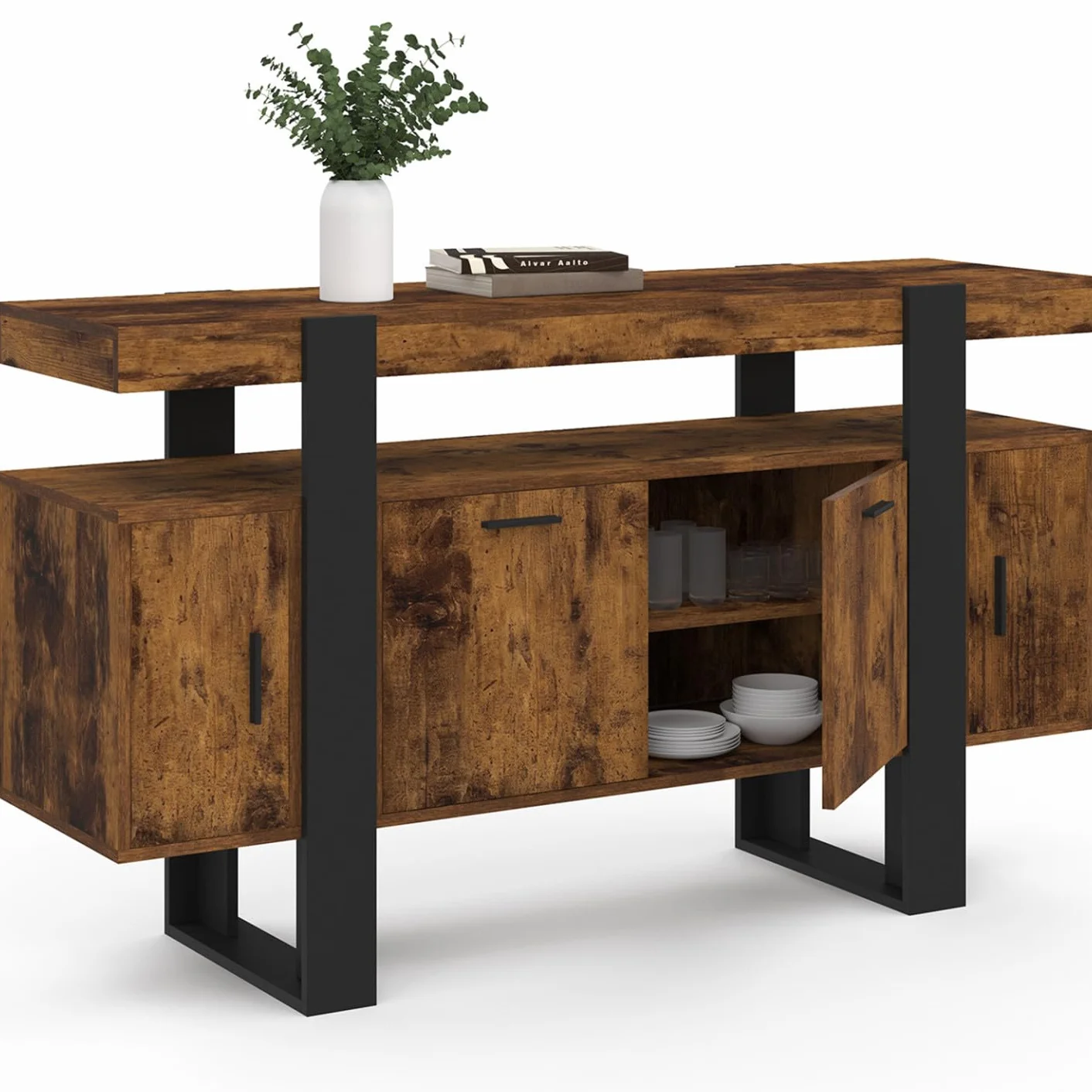 IDMarket Phoenix - Aparador de 140 cm, 4 puertas, efecto madera antigua y negro