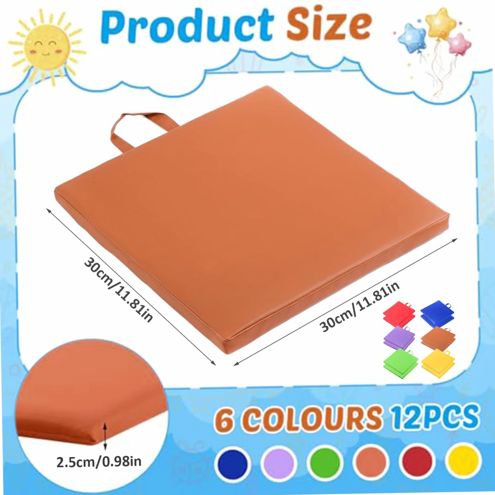 Cojines de piso impermeables 12 pulgadas 12 piezas 6 colores con manija asientos flexibles para aula niños