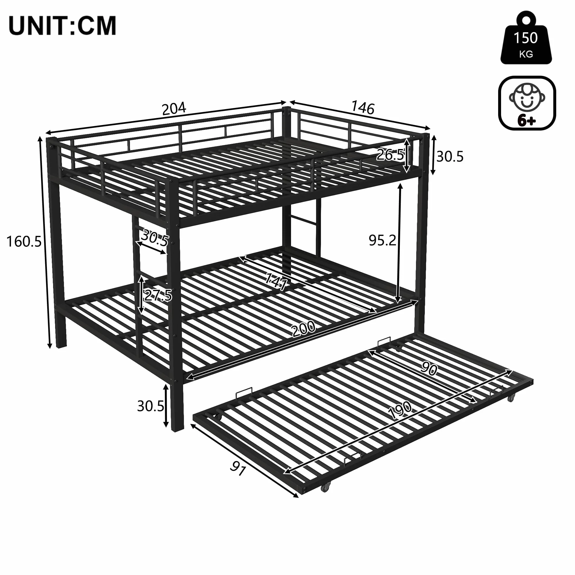 Moimhear 140x200cm, litera, cama de hierro, cama infantil, equipada con cama nido (90x190cm), barandillas altas, sin colchón (Negro)