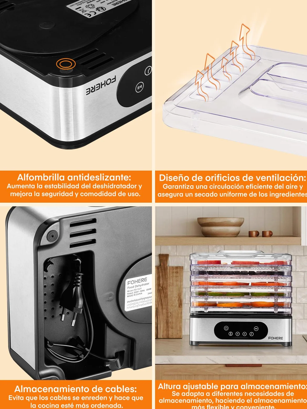 Deshidratador de Alimentos FOHERE 420W 5 Bandejas Inox Pantalla LED Temporizador Temperatura 35-70°C