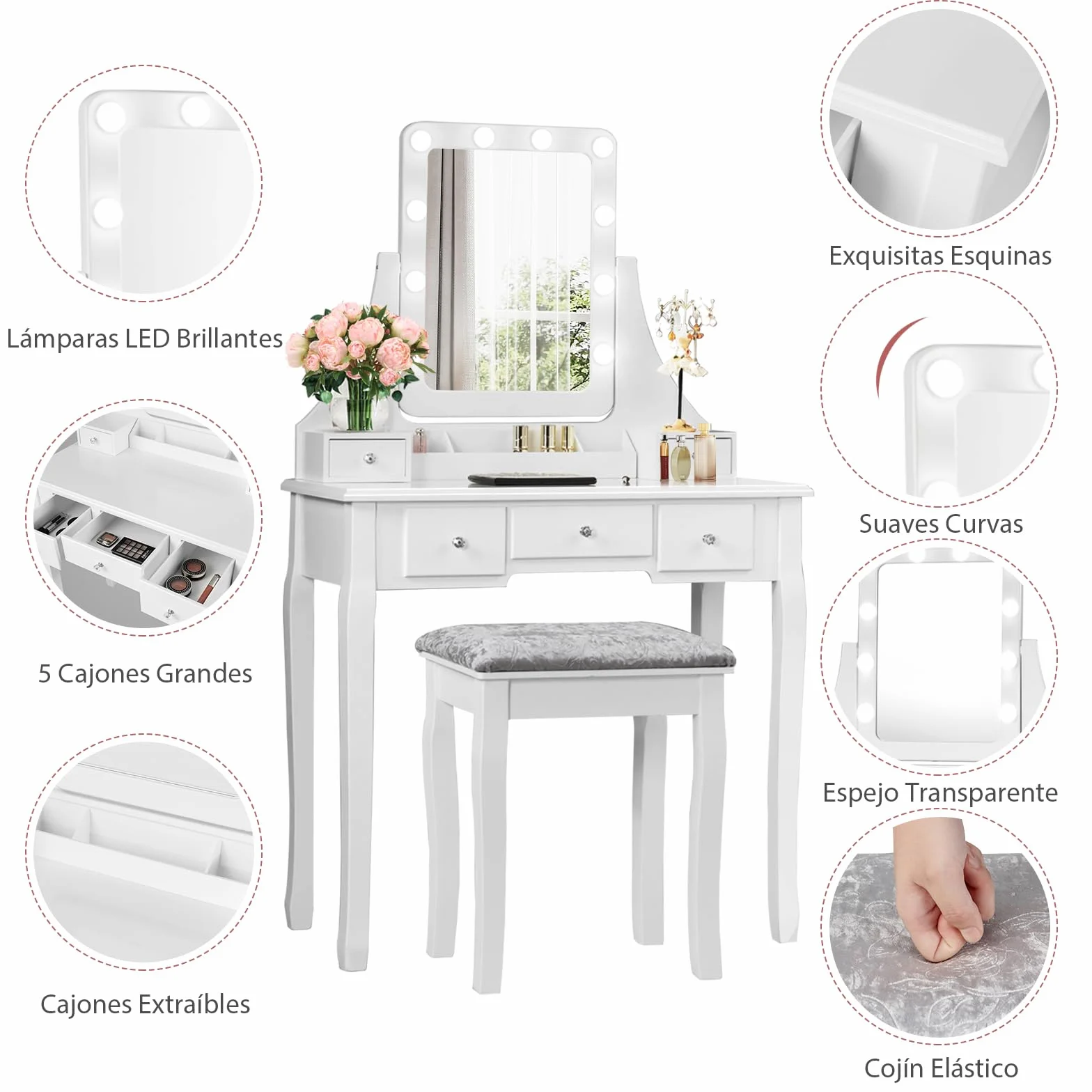 RELAX4LIFE Tocador de Maquillaje con Espejo Extraíble y Giratorio 360° y 10 Luces LED Regulables, Tocador Maquillaje con Taburete Acolchado, 5 Cajones, 3 Compartimentos y 2 Estantes (Blanco)
