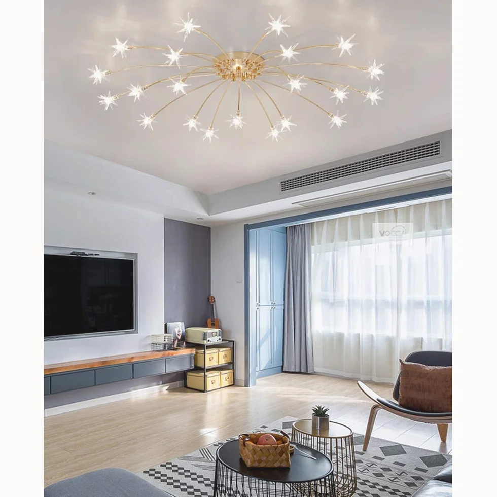 Lámpara de Techo de Salón Lámparas Dorado Restaurante Luz de Techo Dormitorio Led Vidrio Estrella Decor Ligero Plafón Romántico Luces Niños Cocina Candelabro de Techo
