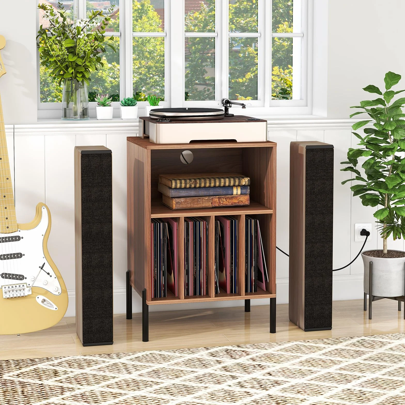 GIANTEX Mesa Auxiliar para Tocadiscos, 53x45x78.5 cm, Mesilla de Noche con Carga, 150 Discos, Marrón