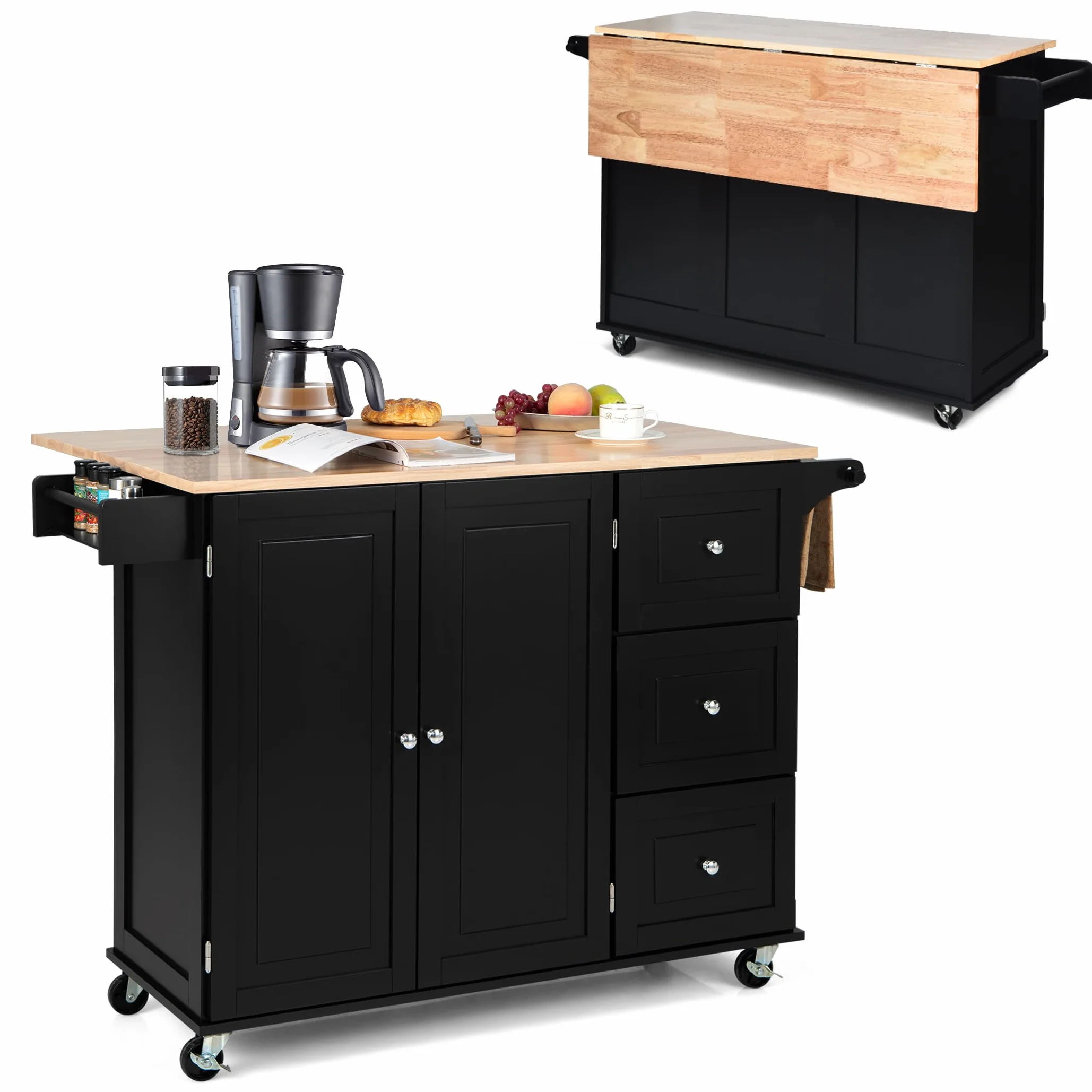 KOMFOTTEU Carro de Cocina con Encimera Plegable, Isla de Cocina con Ruedas, Carro de Servicio con Armario con Puertas y 3 Cajones, Mueble de Almacenamiento con Estantes Ajustables (Negro)
