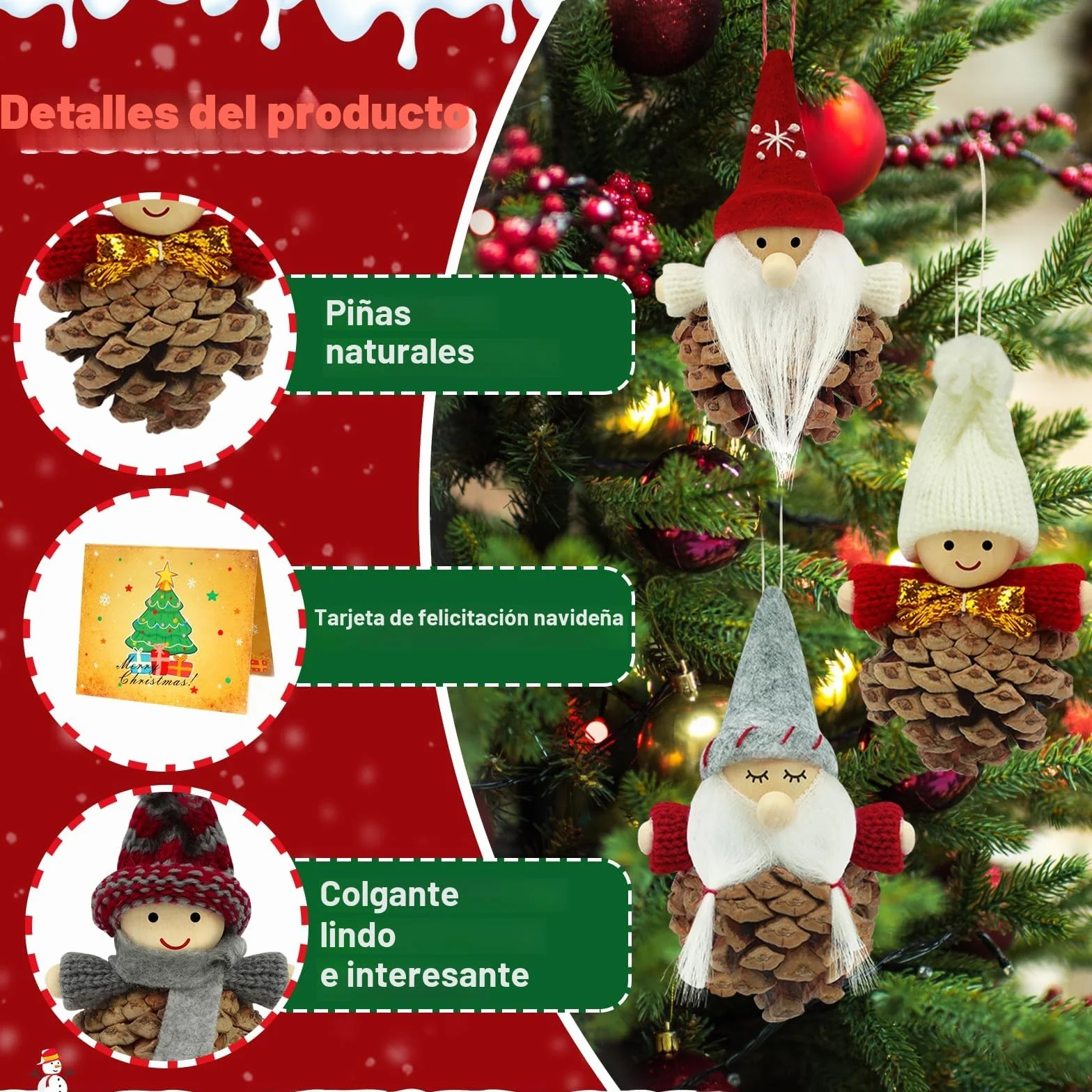 Gnomo Adornos de Navidad, Duendes Colgante Decoracion Árbol Navidad 8 Piezas Piñas Muñecos