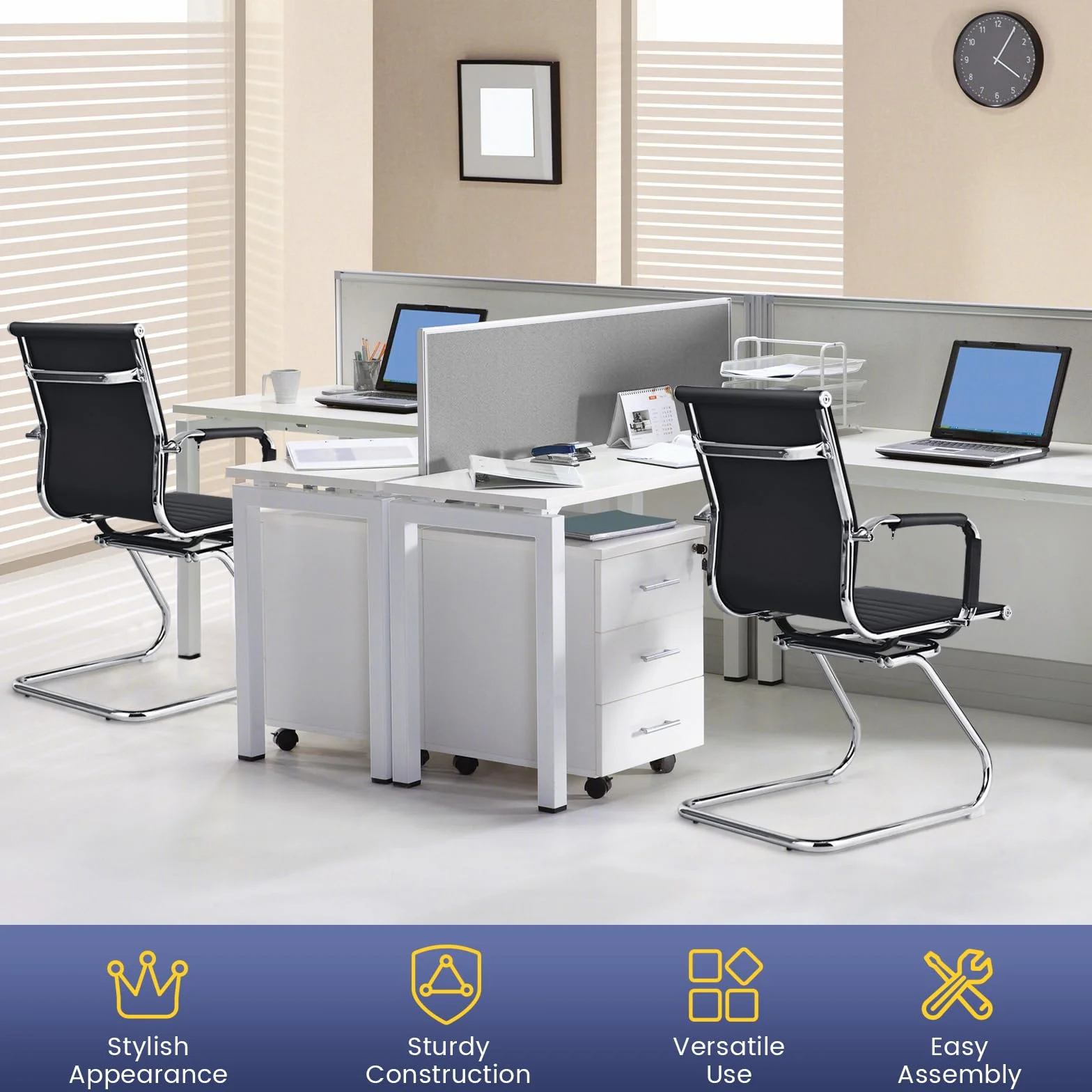GIANTEX Juego de 2 Sillas de Oficina Ergonómicas, Marco de Metal Resistente y Asiento de Cuero Sintético, Carga hasta 120 kg, Sillas para Reunión, Conferencia, Sala de Espera, Negro