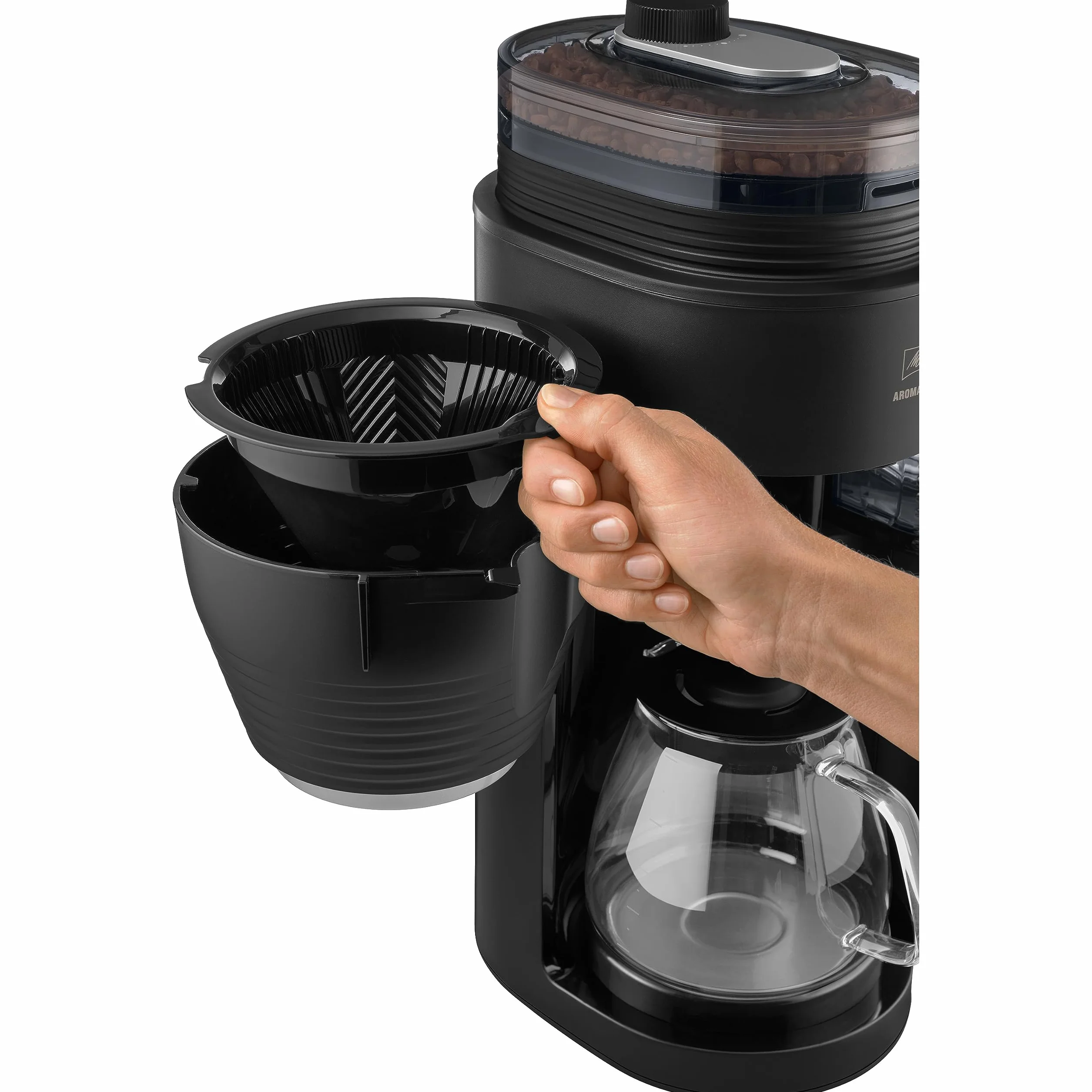 Melitta AromaFresh Pro X - Cafetera de goteo con molinillo integrado, cafetera de filtro con jarra térmica y depósito de agua extraíble, máquina de café para hasta 10 tazas, negro