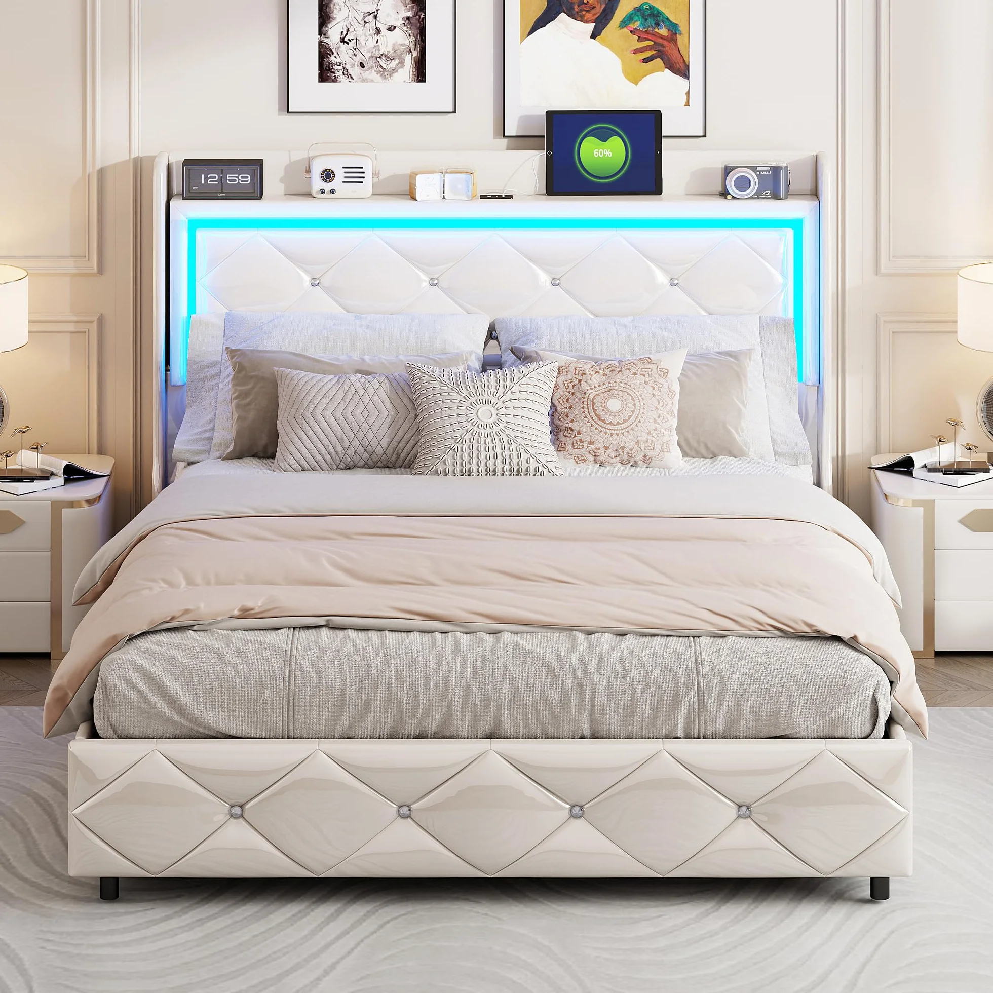 BRILVERDE Cama tapizada 140x200 cm, Cama Doble con iluminación LED, cabecero con Compartimentos de Almacenamiento y función de Carga USB, Base con somier, Cama de Dormitorio, PU, ​​Blanco