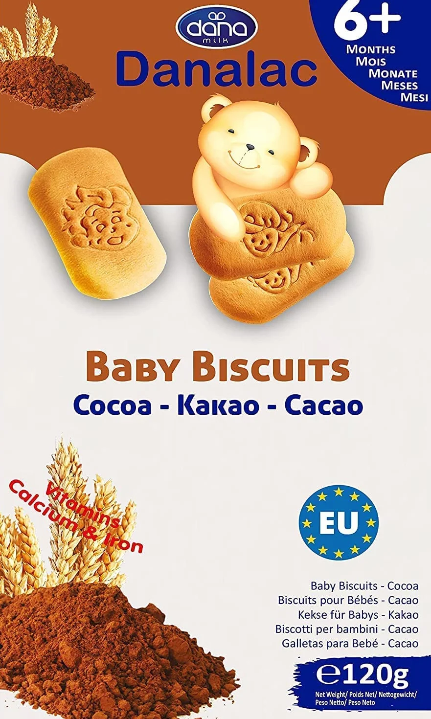 DANALAC Galletas de bebé 120g Paquete combinado 2 plátano 2 cacao 2 natural Aperitivos niños 6 meses calcio hierro vitaminas
