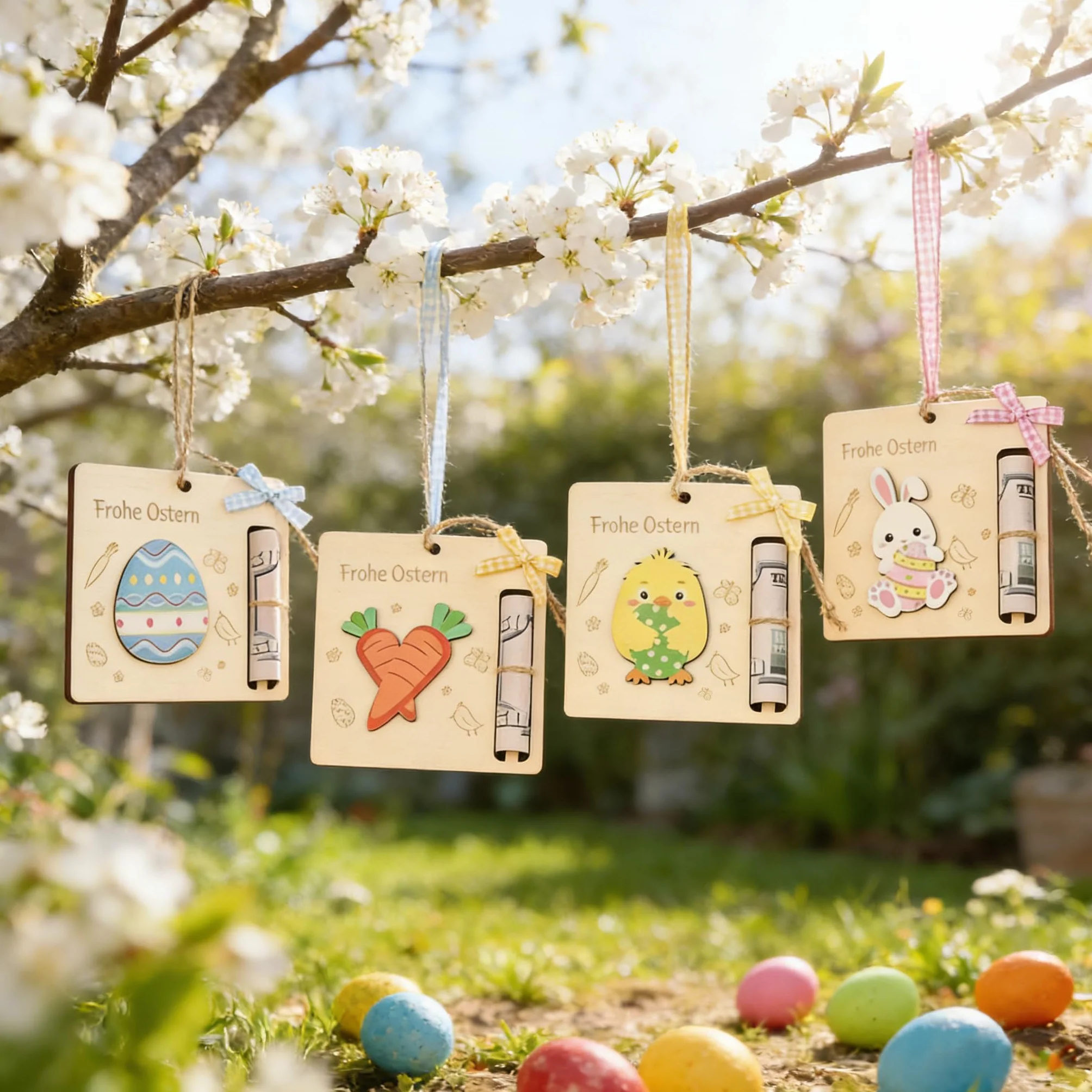 Regalo Dinero Pascua Madera, 10×10 cm, Set 4, Regalo Dinero Pascua, Cumple Deseos, Diseño Conejo, Huevo & Pollito, Soporte Billetes Enrollados