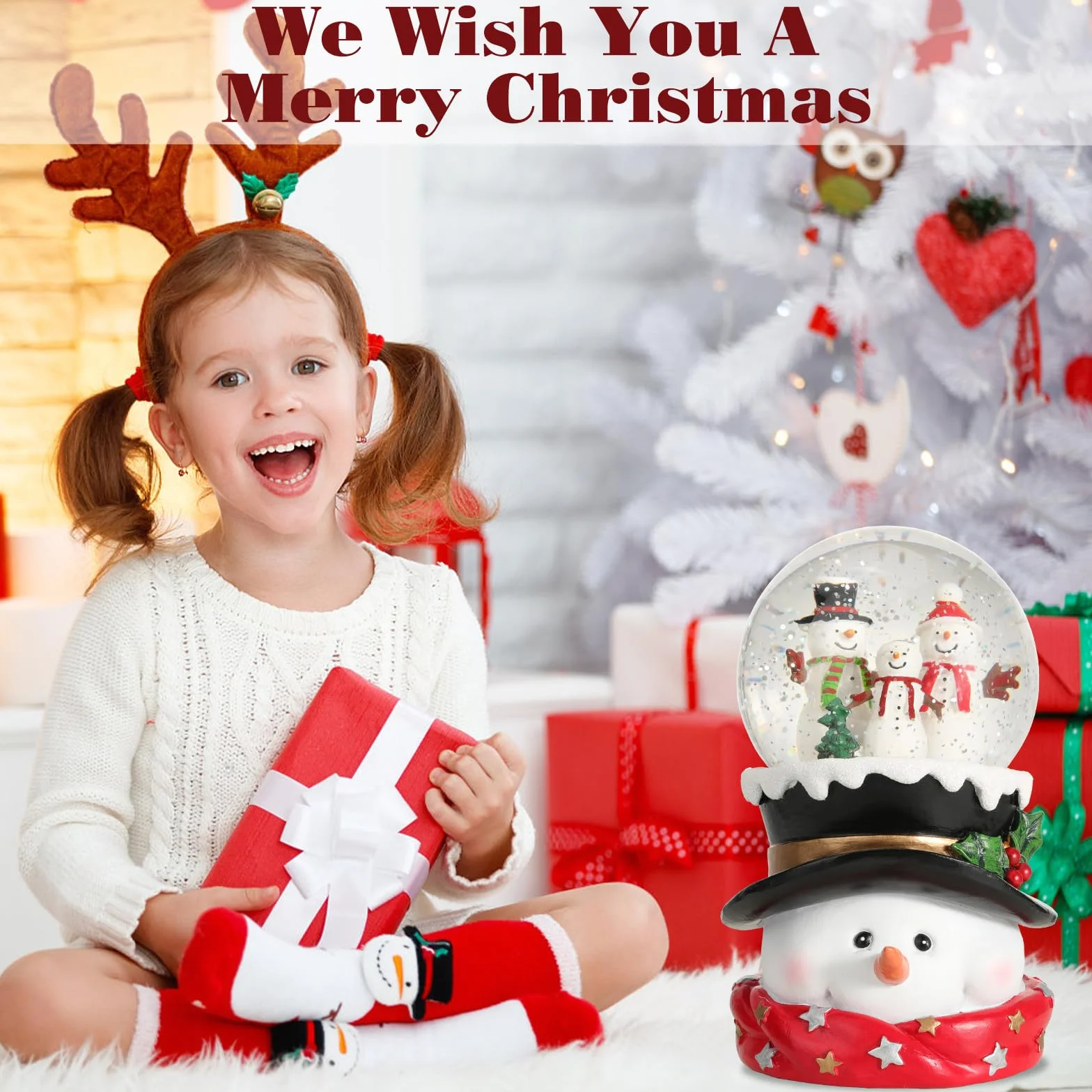 Lewondr Globo de Cristal Nieve Navideño, Hombre de Nieve, Spinning Glow y 8 Canciones, Caja Musical Árbol Navidad, Alimentado por la Batería Lámpara de Navidad