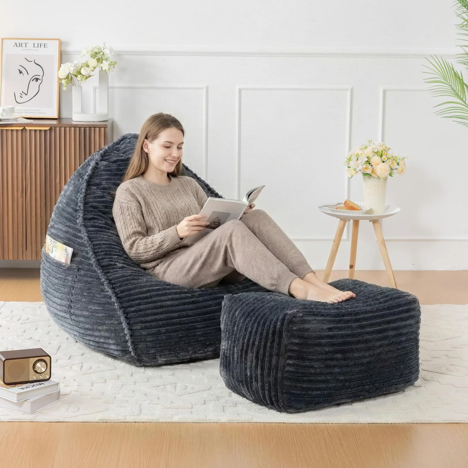 Vamcheer Puf para Adultos con Taburete, Mullido, Tejido De Franela Ultrasuave, Silla con Relleno De Esponja, XXL, Color Gris, Estable