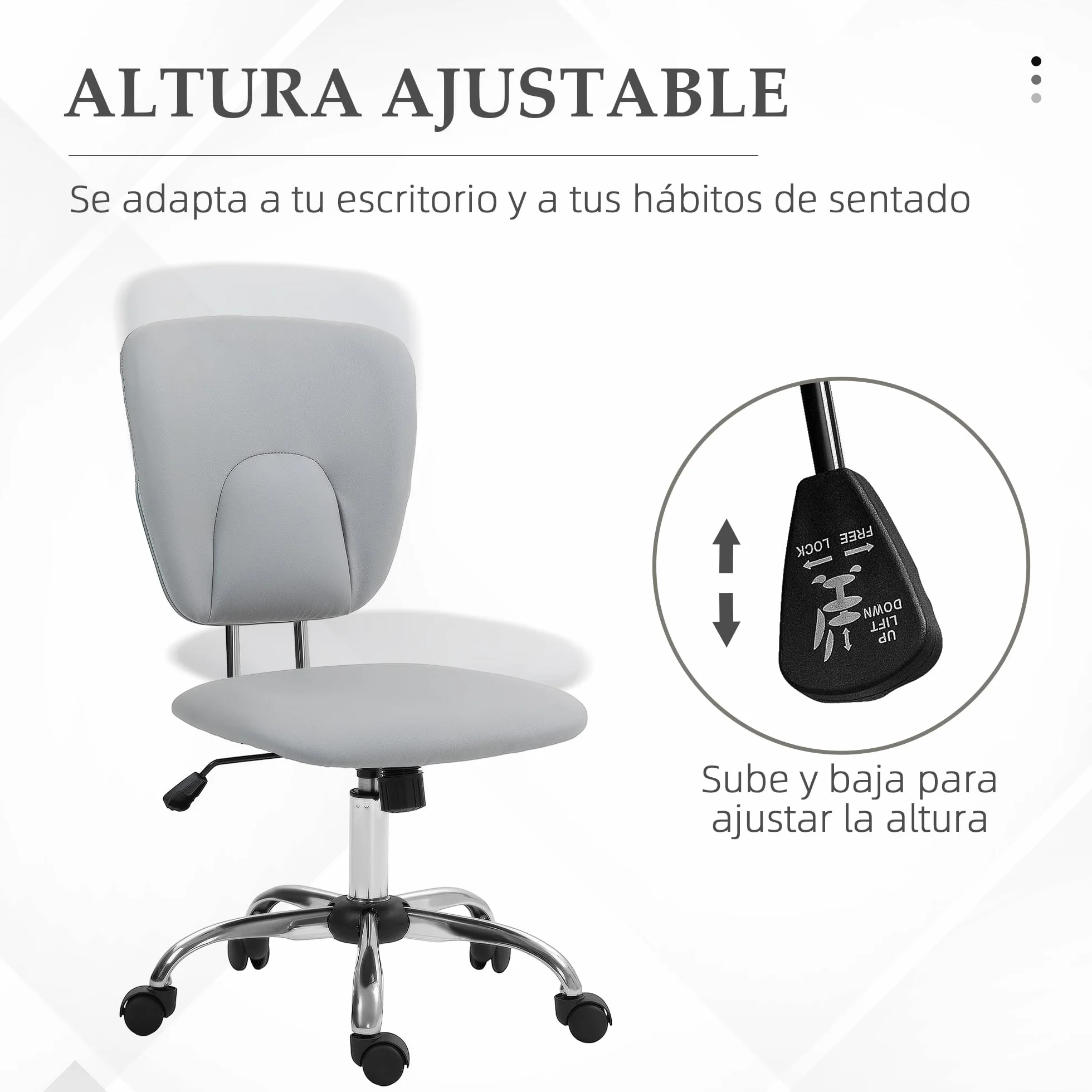Vinsetto Silla de Oficina sin Reposabrazos Escritorio Juvenil Altura Ajustable Inclinación Carga 120 kg 50x54x87,5-96,5 cm Gris Claro