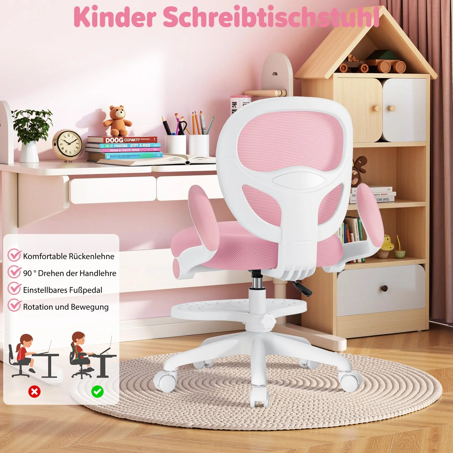 HOFFREE Silla de escritorio para niños, ergonómica, con reposabrazos plegable y reposapiés, giratoria, para niños y niñas, silla de mesa de malla para dormitorio, libros, rosa