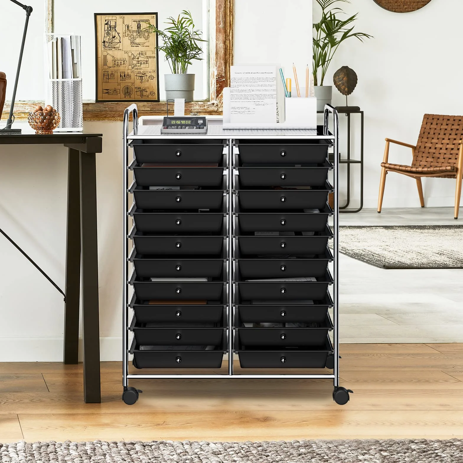GOPLUS Carro de almacenamiento de metal con 20 cajones, torre de almacenamiento, carrito con 4 ruedas, 2 con frenos, cajones multicolores, ideal para salón, cocina, cuarto de baño (negro)