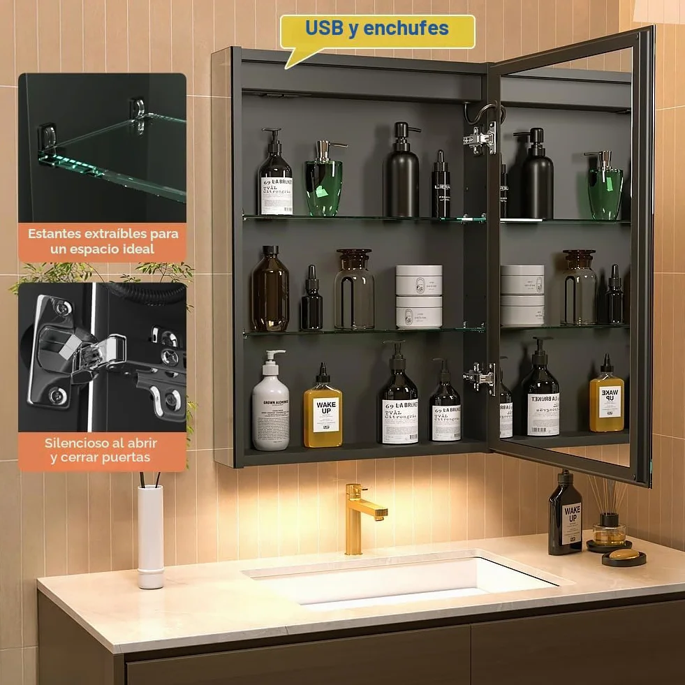 GANPE LED Beleuchtetes Badezimmer Medizin Spiegel Schrank, Defog, Stufenloses Dimmen, Speicher 3-Farben Modus, Regale, Steckdosen & USBs, 50x70 cm