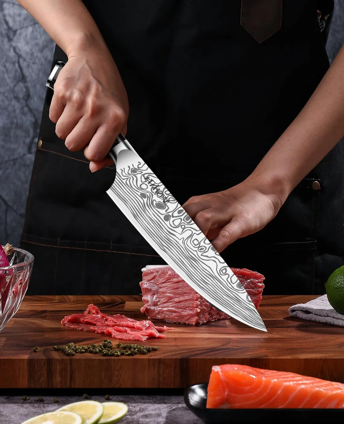 MOSFiATA Cuchillos de Cocinero Profesional, 20cm, Acero Inoxidable Alemán con Afilador, Protector de Dedos y Funda, para Fruta, Verduras y Carne