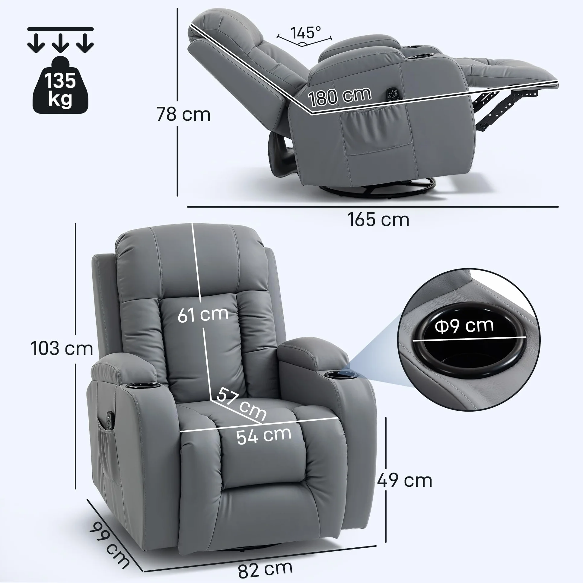 HOMCOM Sillón de Masaje Giratorio, Sillón Relax Reclinable con 8 Puntos de Masaje, Función Calefacción Lumbar, Mando a Distancia, Tapizado en PU, Reposapiés, Bolsillo Lateral, Función Basculante Gris